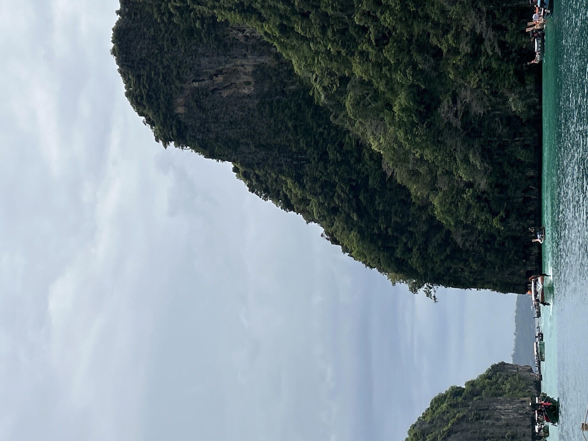 Limestone karsts photographed in Thai tropical bay during overcast morning