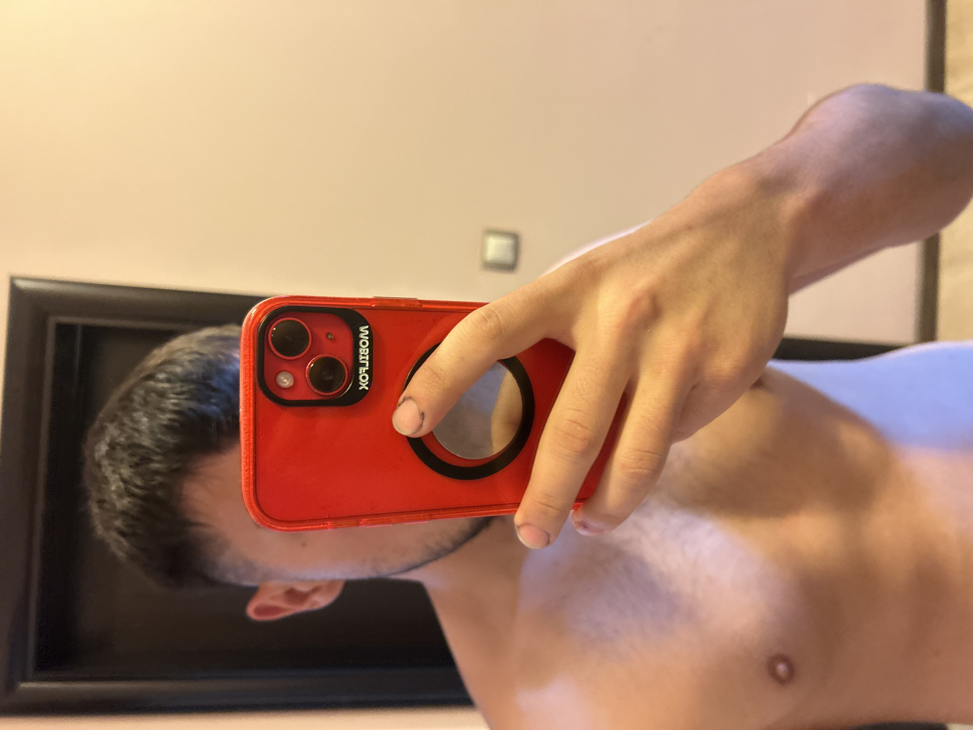 Mirror selfies across multiple stops, same red outfit throughout