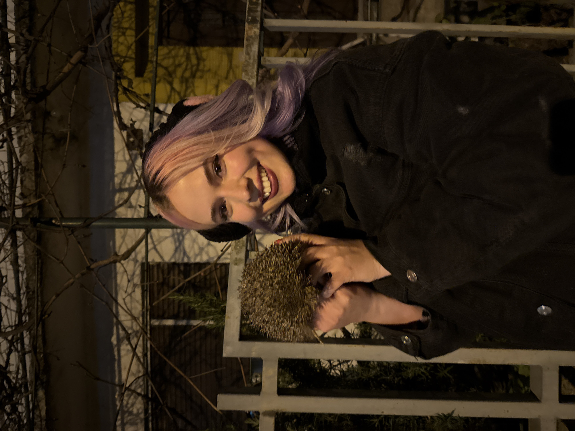 Woman with colorful hair poses with hedgehog in Zagreb