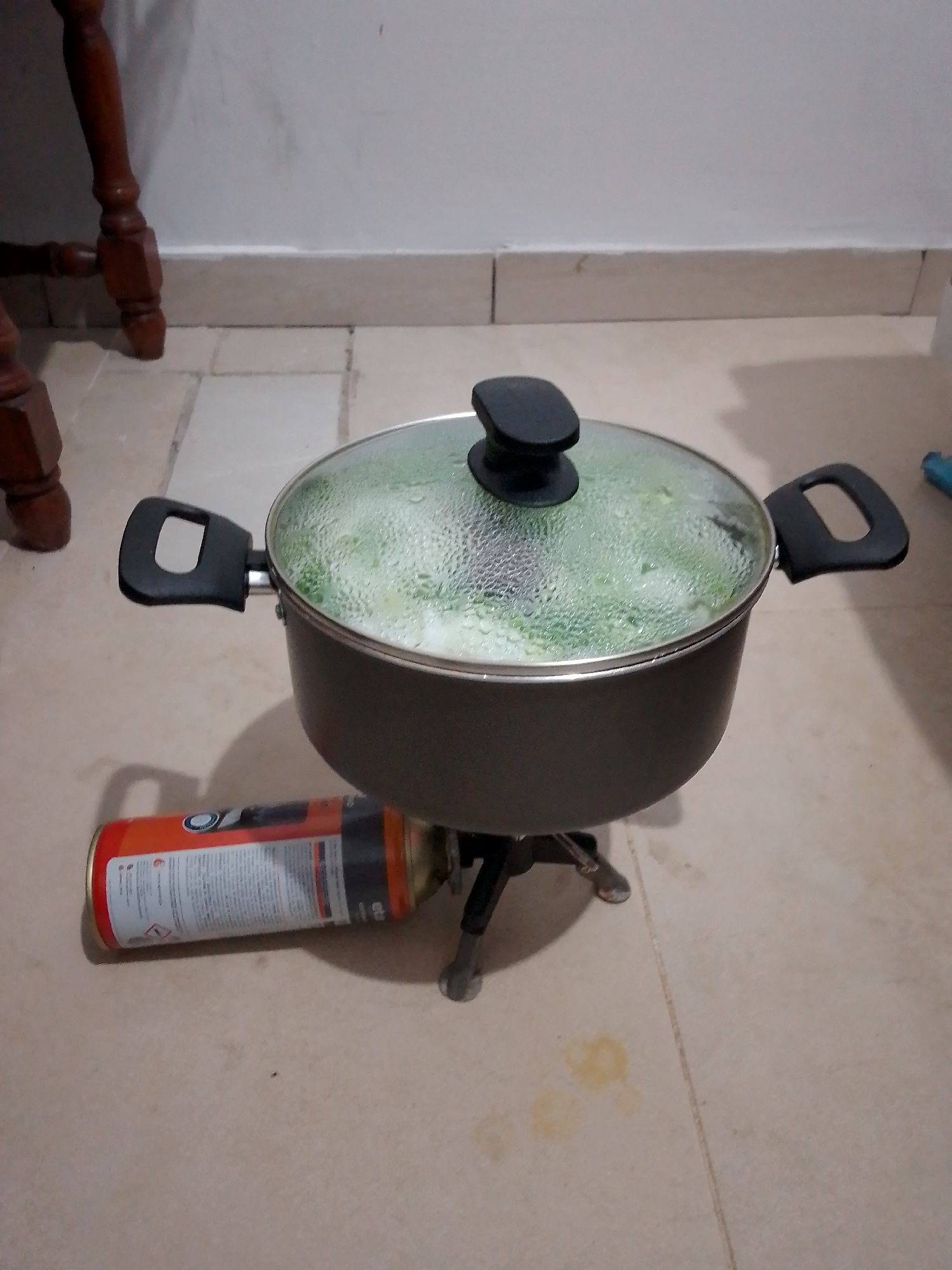 Cooking setup documented on portable gas stove in Paraguay