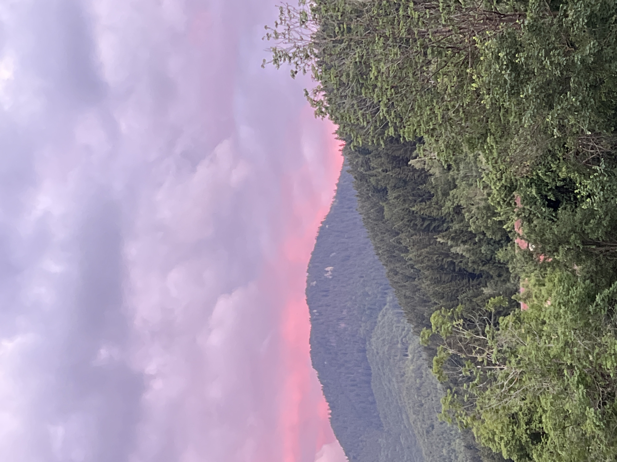 Mountain valley at dusk, forests and village under pastel skies