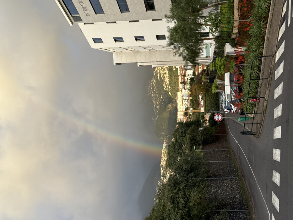 Rainbow arcs over Funchal valley amid white buildings