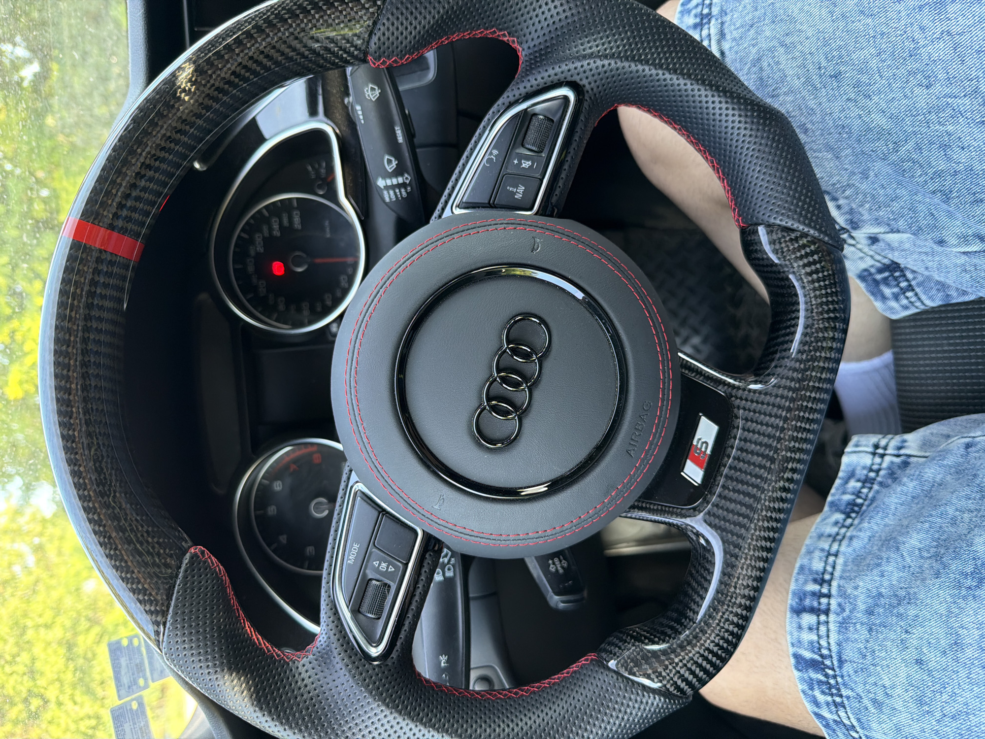 Audi interior detail, carbon fiber steering wheel, Cherkovitsa