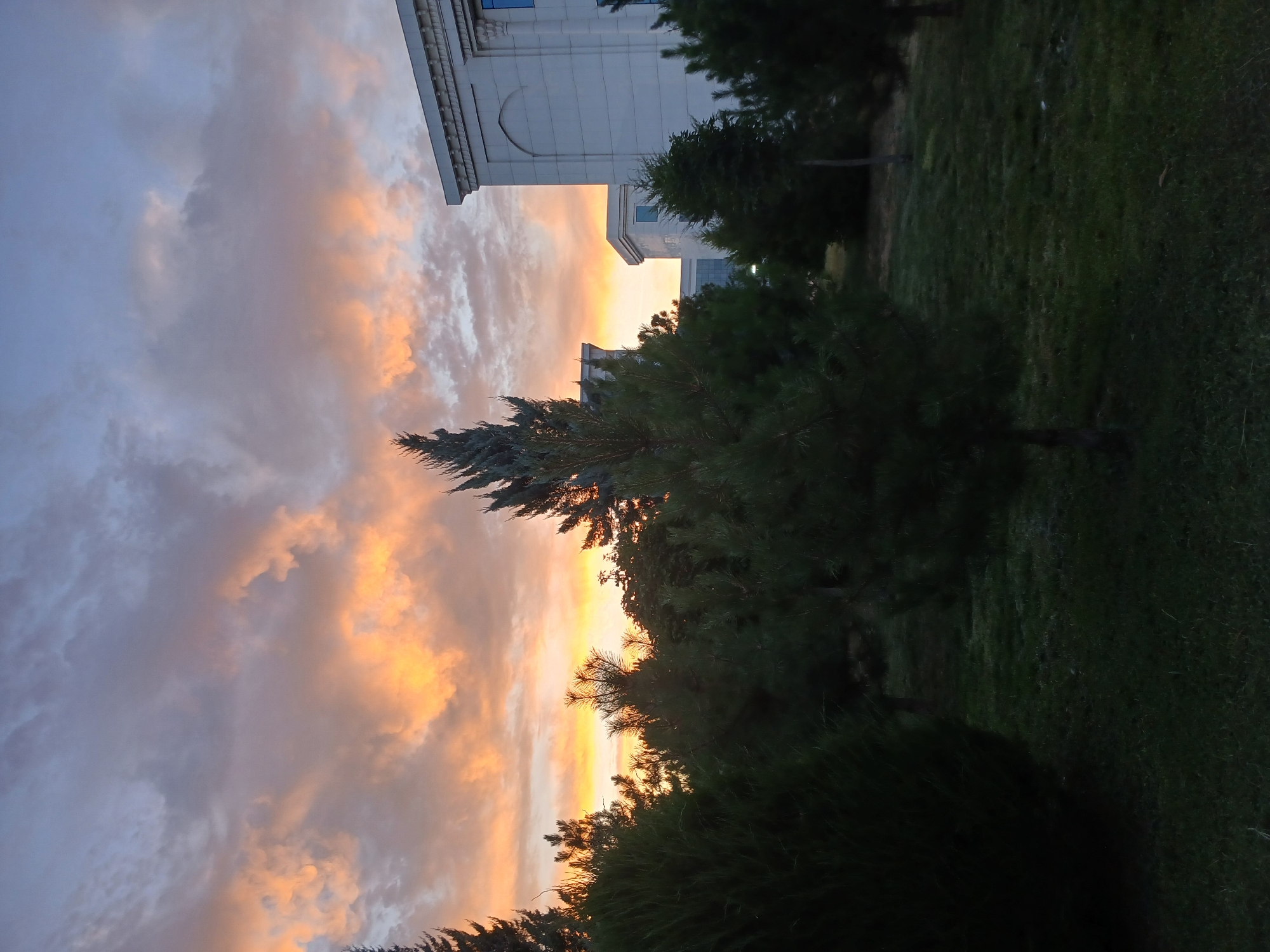 Tashkent civic boulevard at golden hour, gardens and grand facades