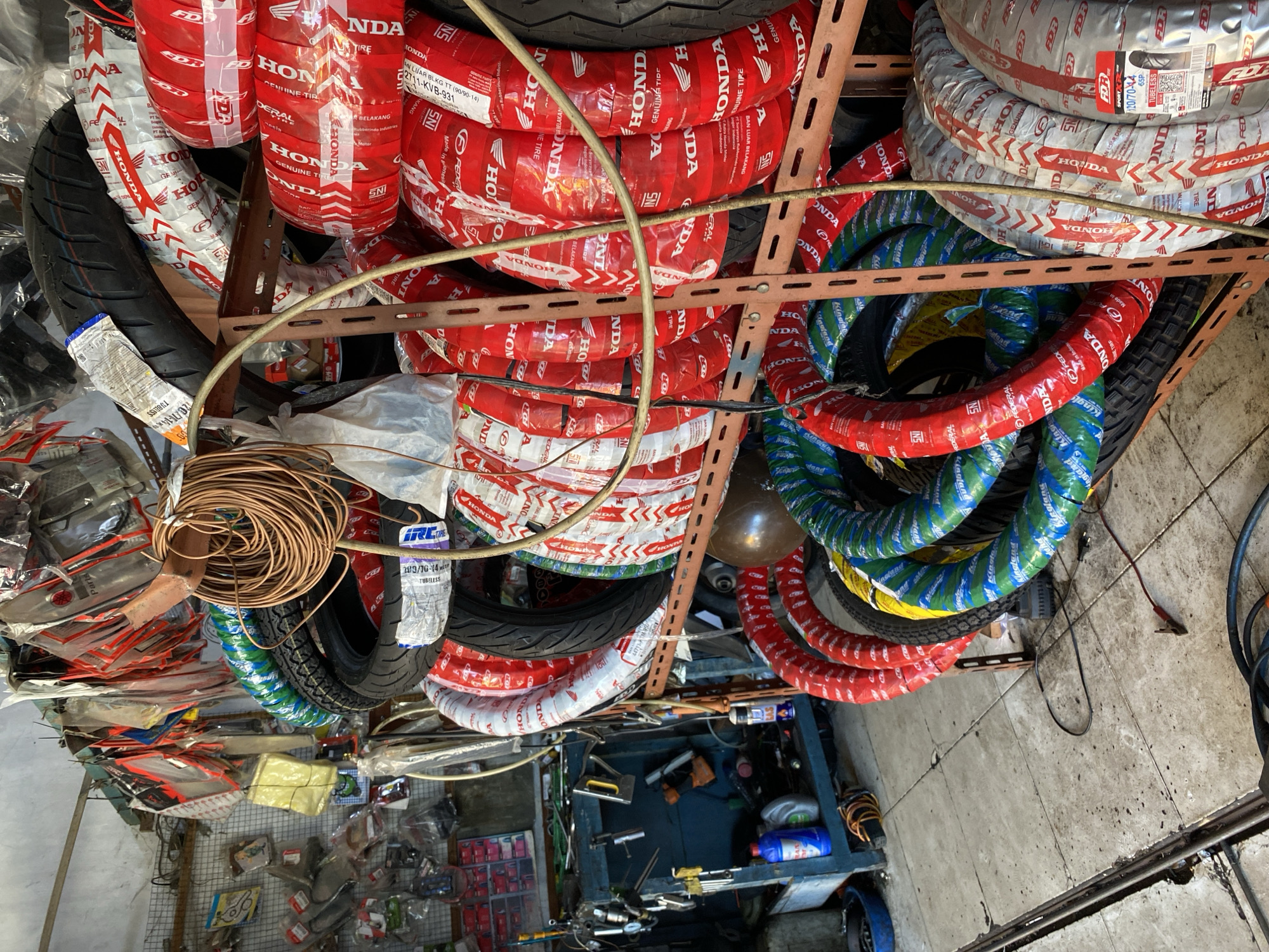 Inside a well-stocked motorcycle repair shop