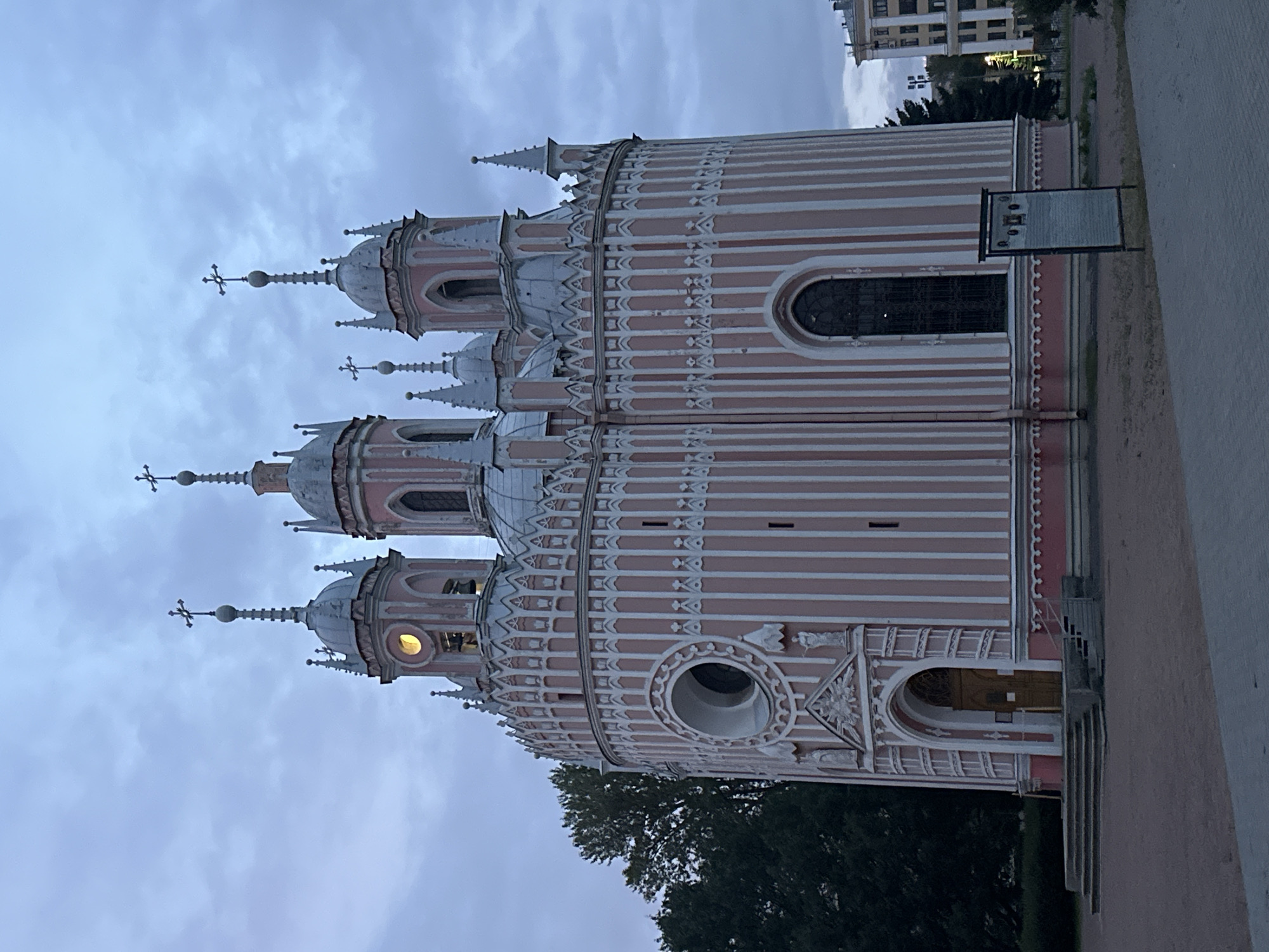 Chesme Church's pink Neo-Gothic facade, Saint Petersburg