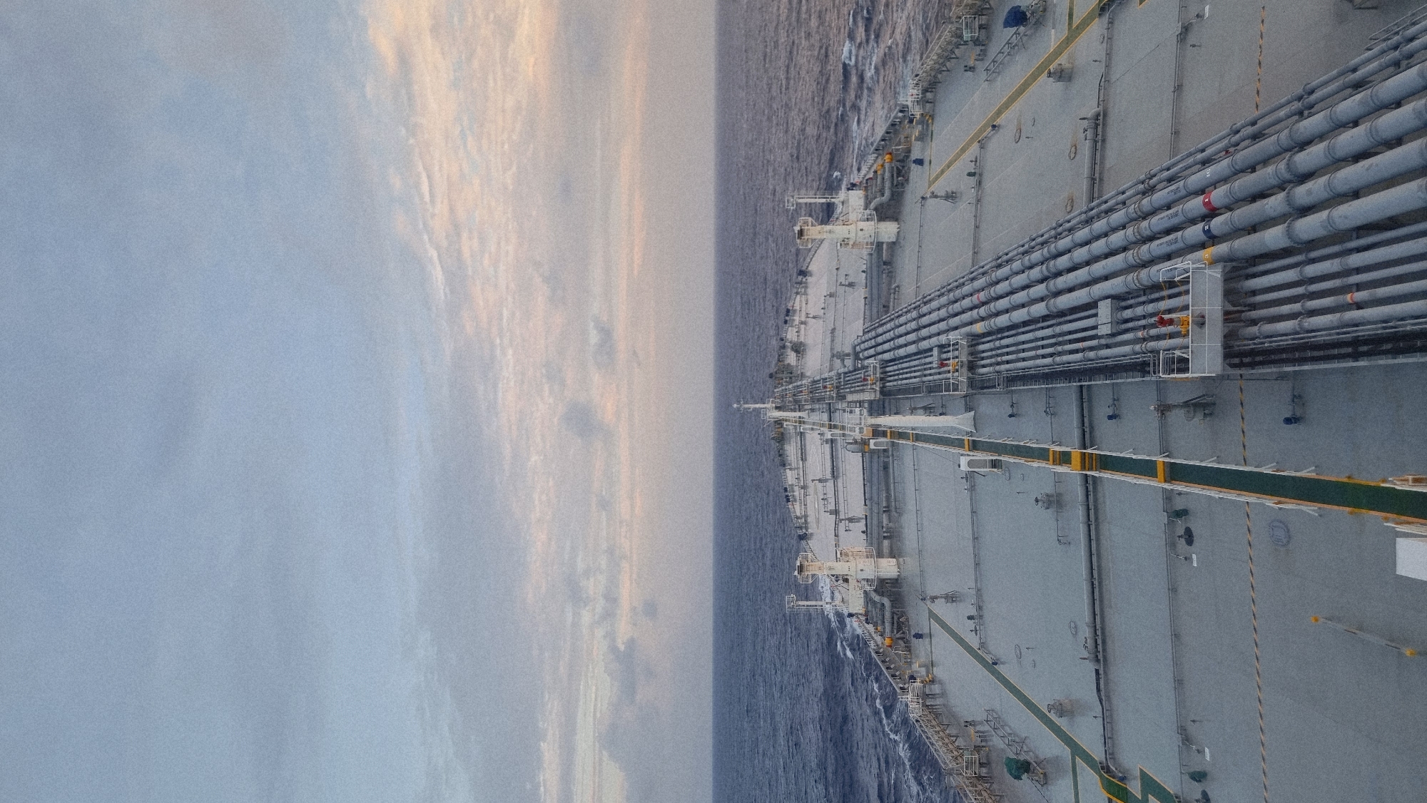 Tanker deck from above, pipes and open sea