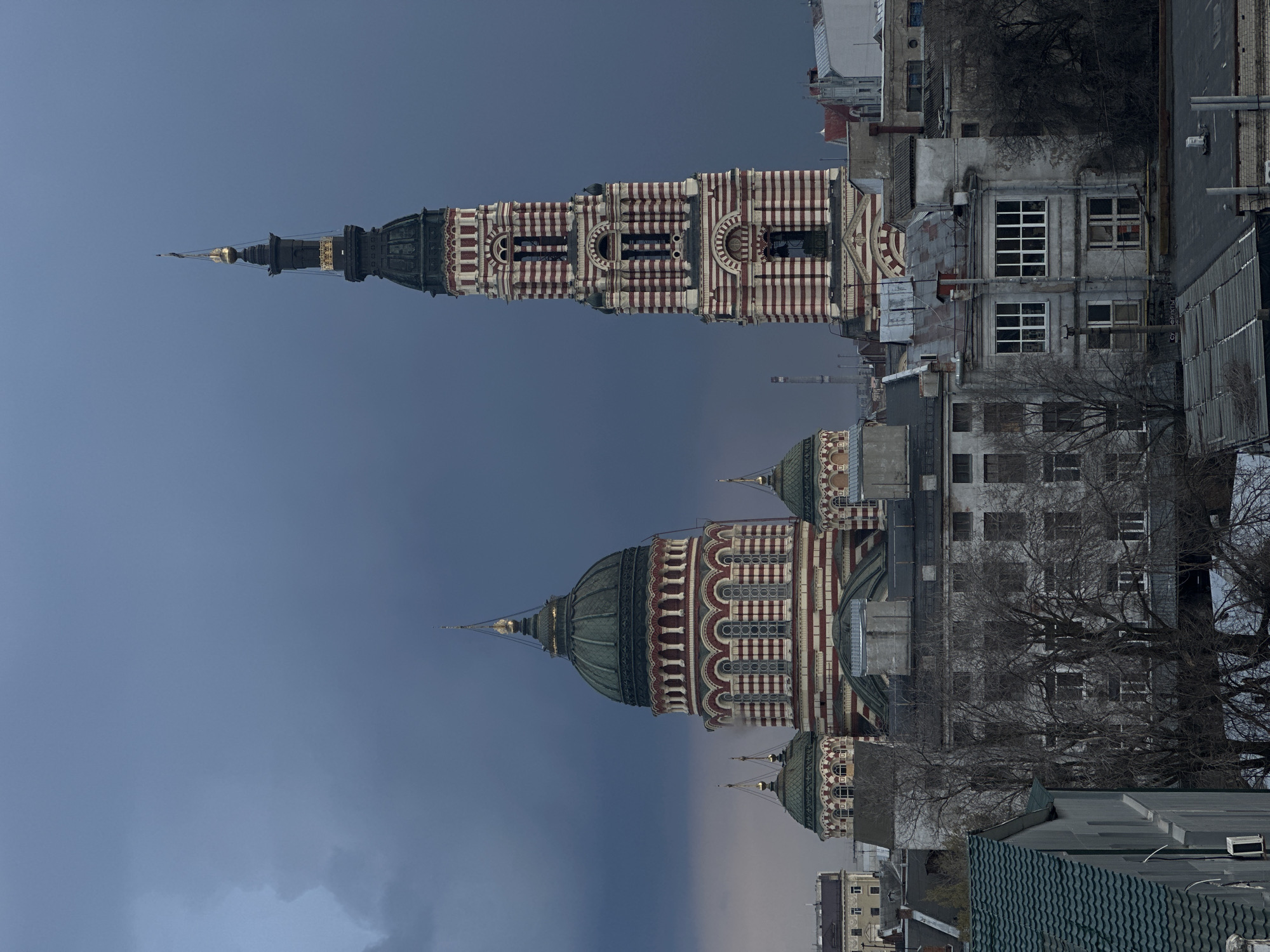 Historic Orthodox cathedrals documented in Kharkiv under overcast skies