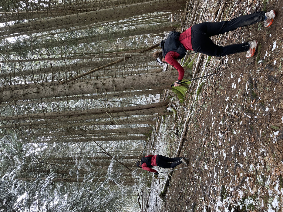 Winter hikers traverse snowy Alpine forests near French villages
