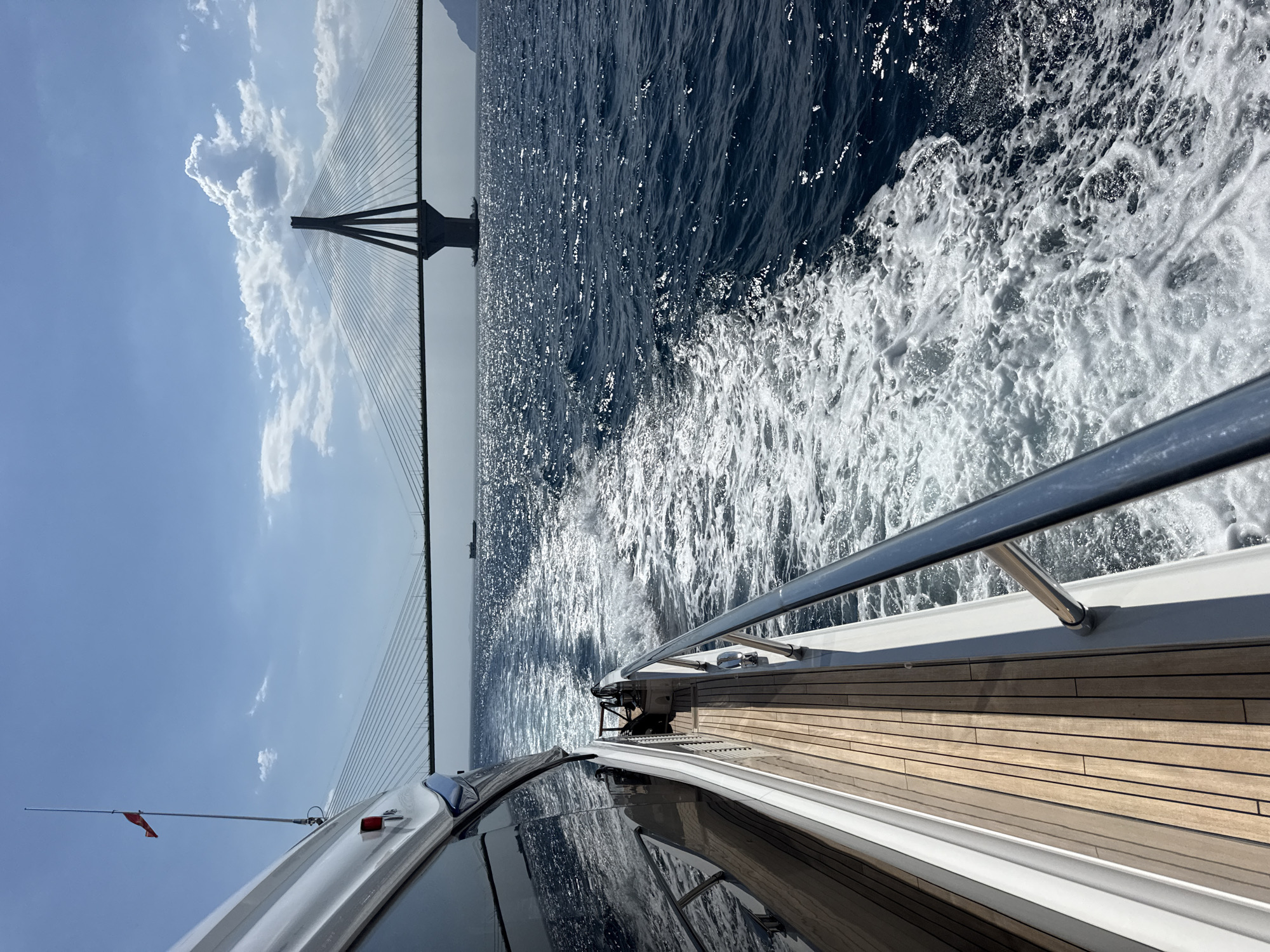 Sailing past the Rio-Antirrio Bridge on the Gulf of Corinth