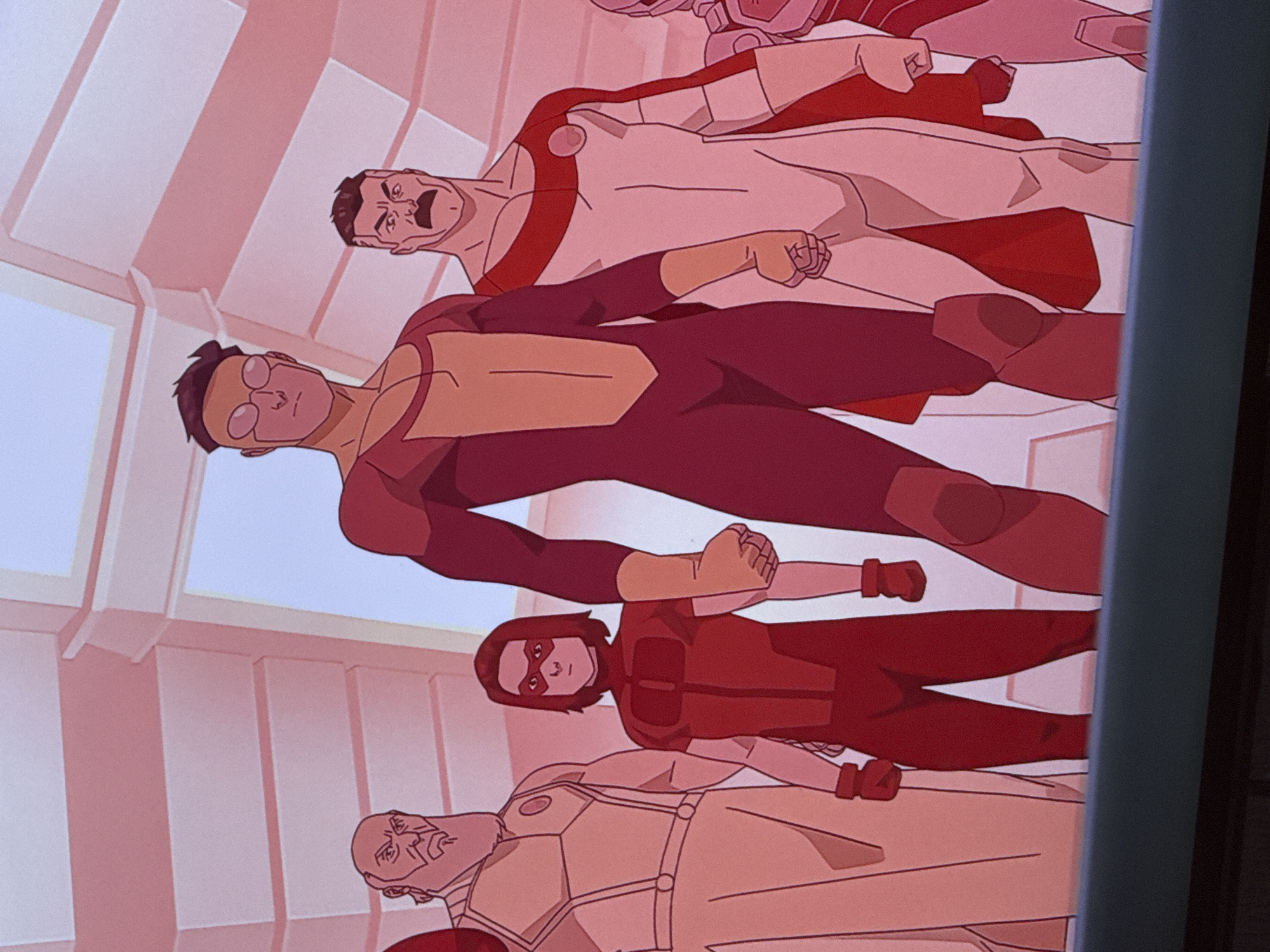 Animated characters displayed in Mexican building interior