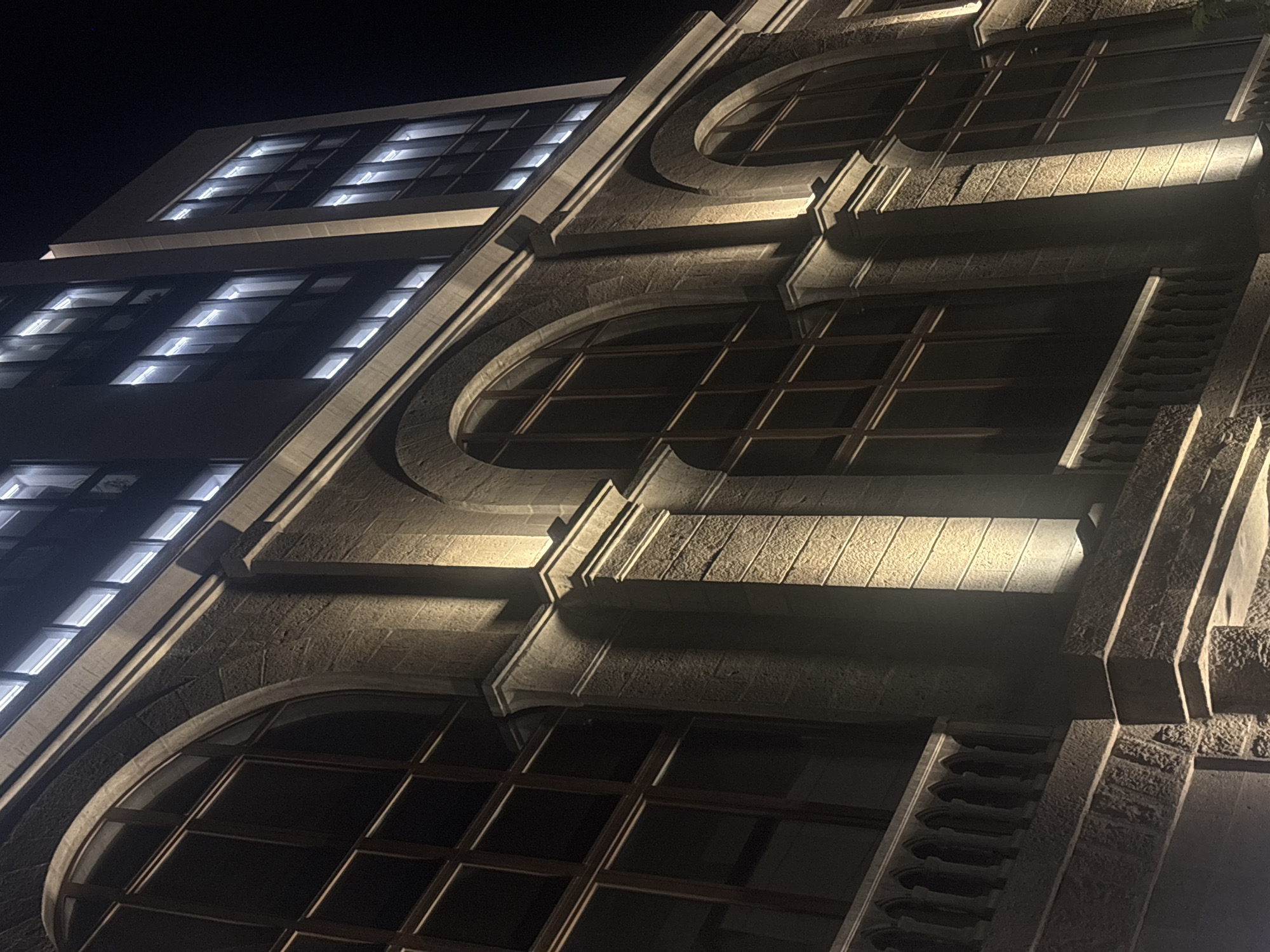 Stone building illuminated by artificial light in Yerevan