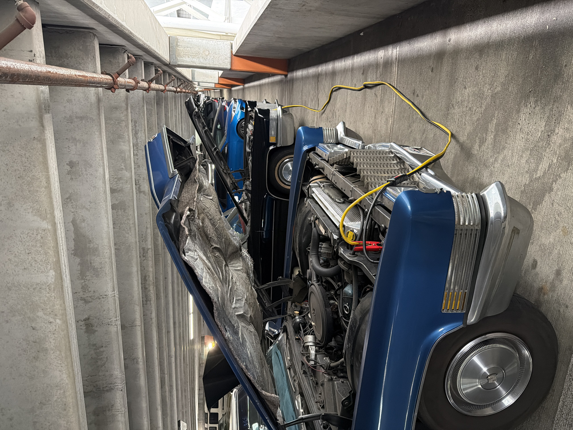 Vintage blue Cadillac Eldorado parked in LA parking garage