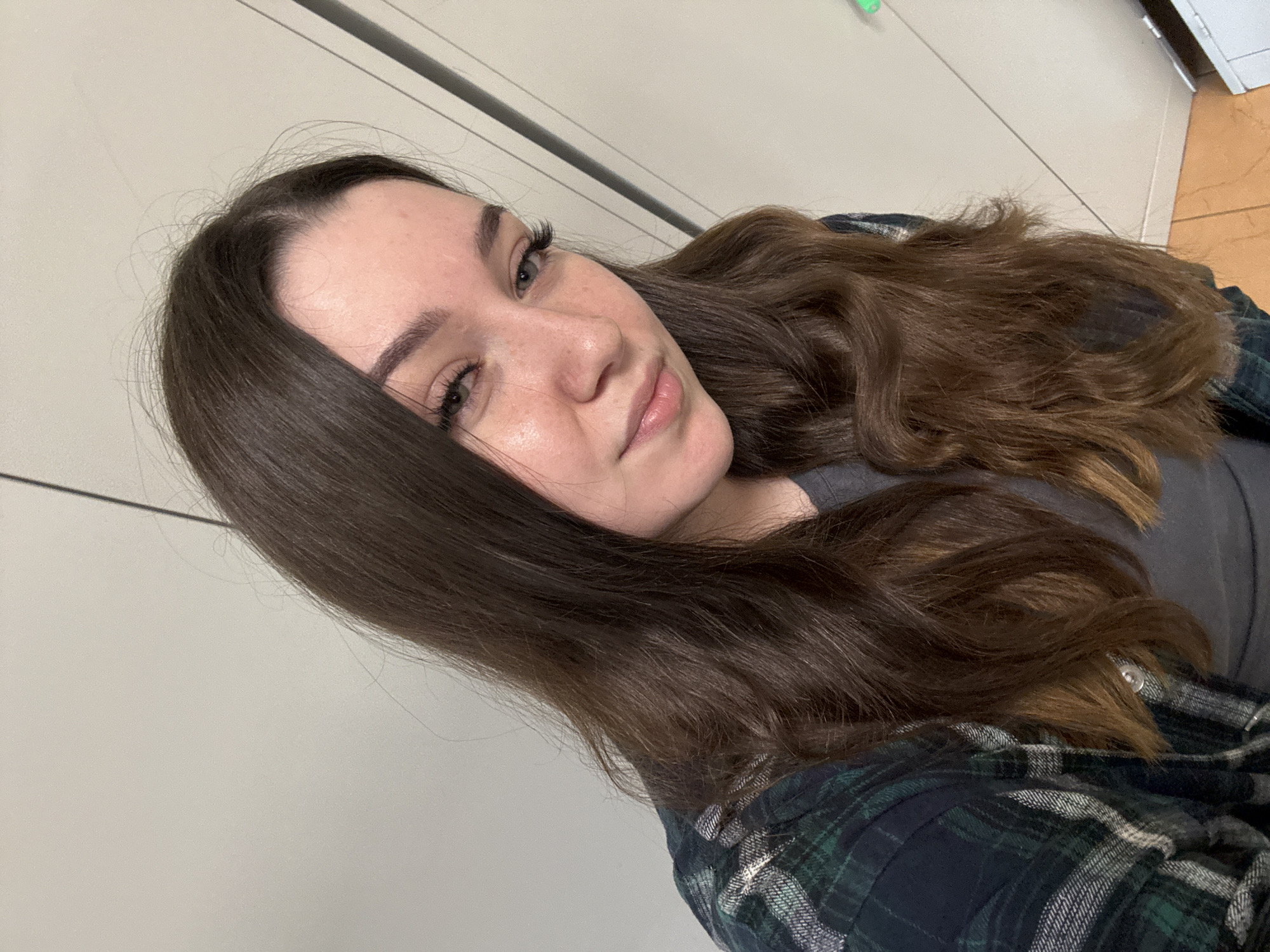 Casual locker room selfies, plaid flannel, one minute apart