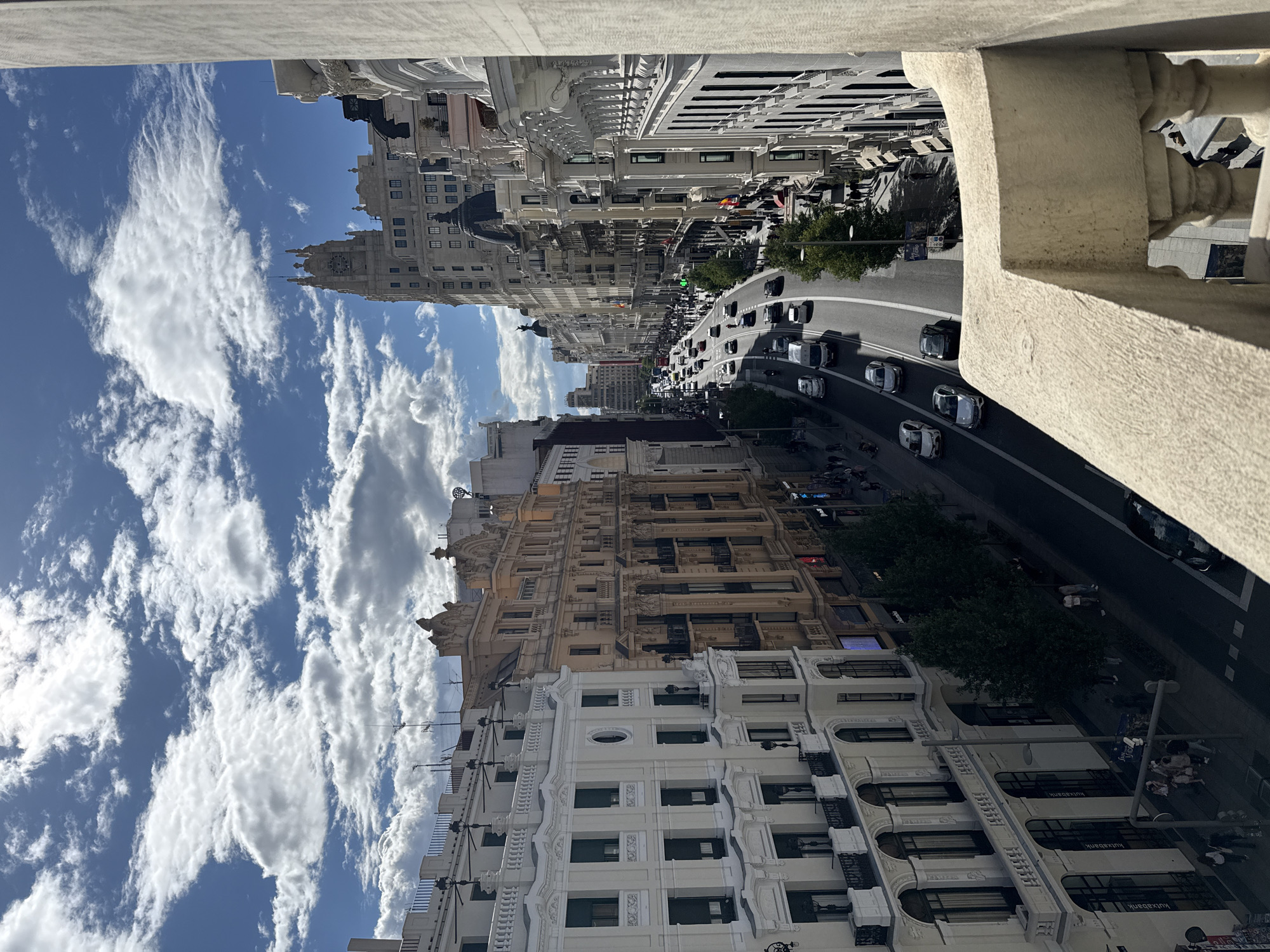 Elevated view captured of busy Gran Vía street in Madrid