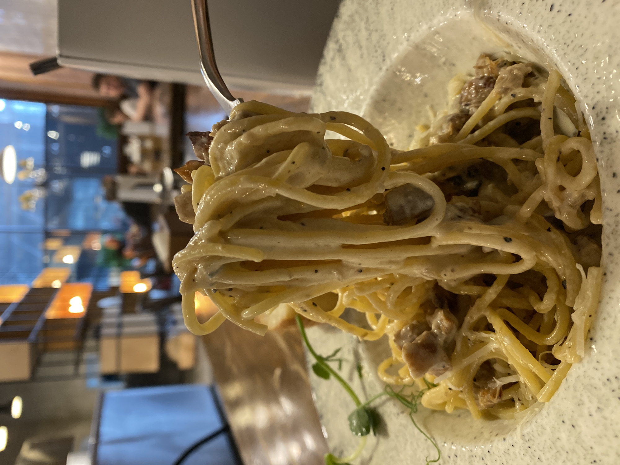 Spaghetti carbonara photographed in Yekaterinburg, Russia