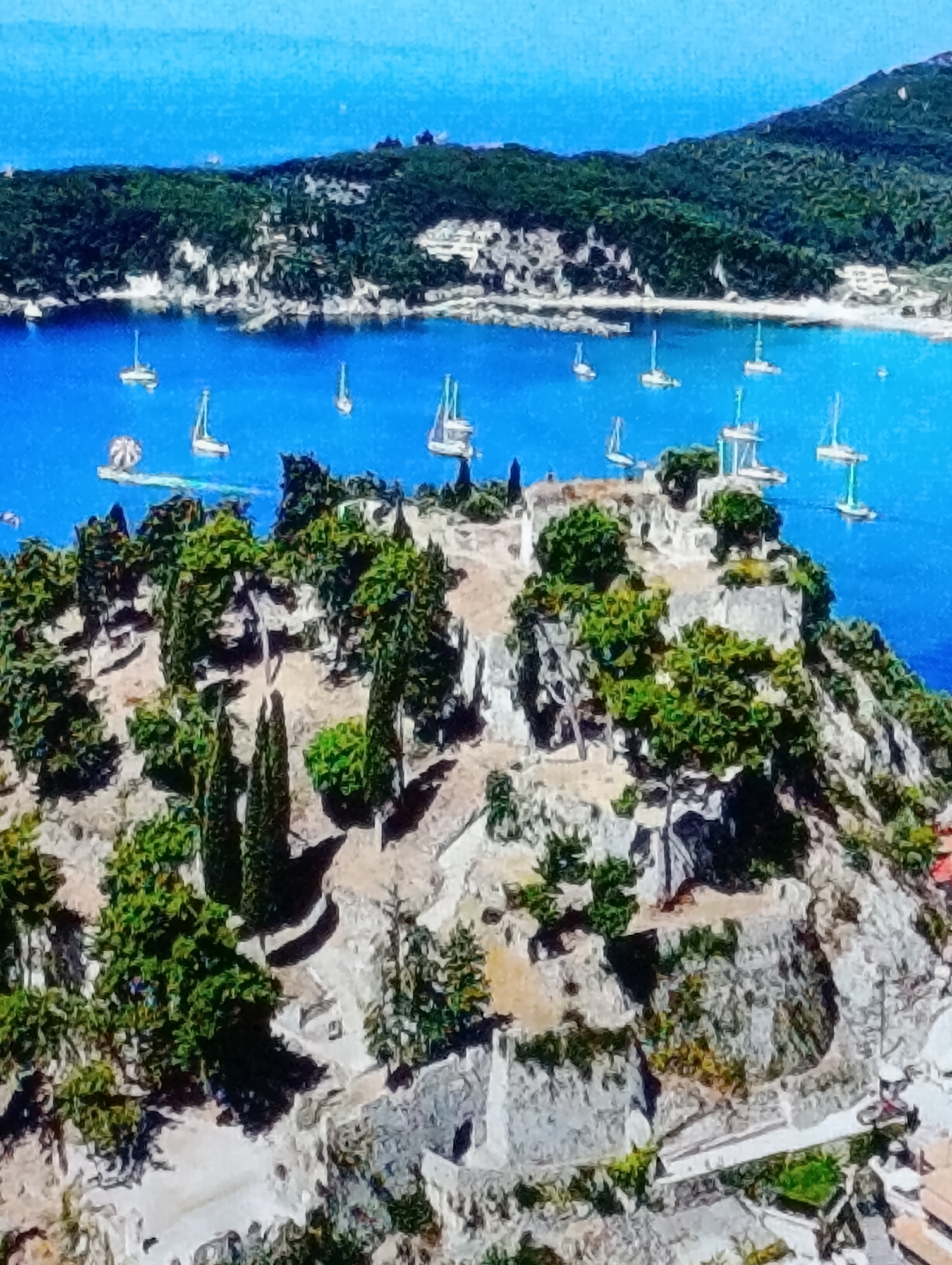 Coastal bay with sailboats, swimmers, and fortified promontory documented