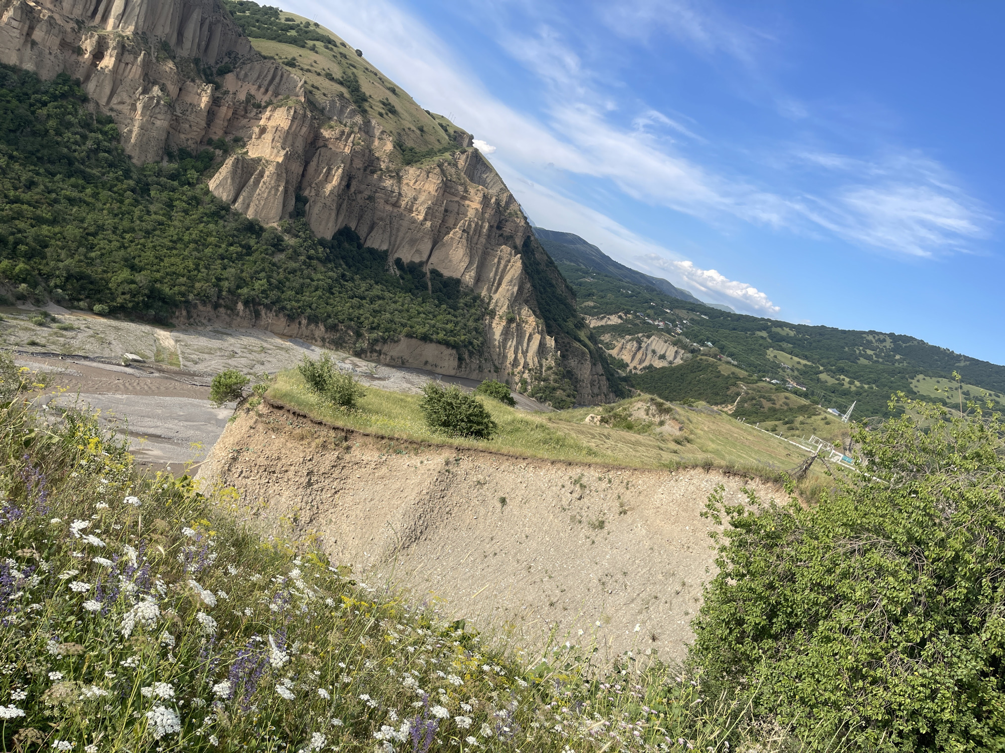 Cliffs, fields, and wildflowers across Taran-Bazar's rugged valley