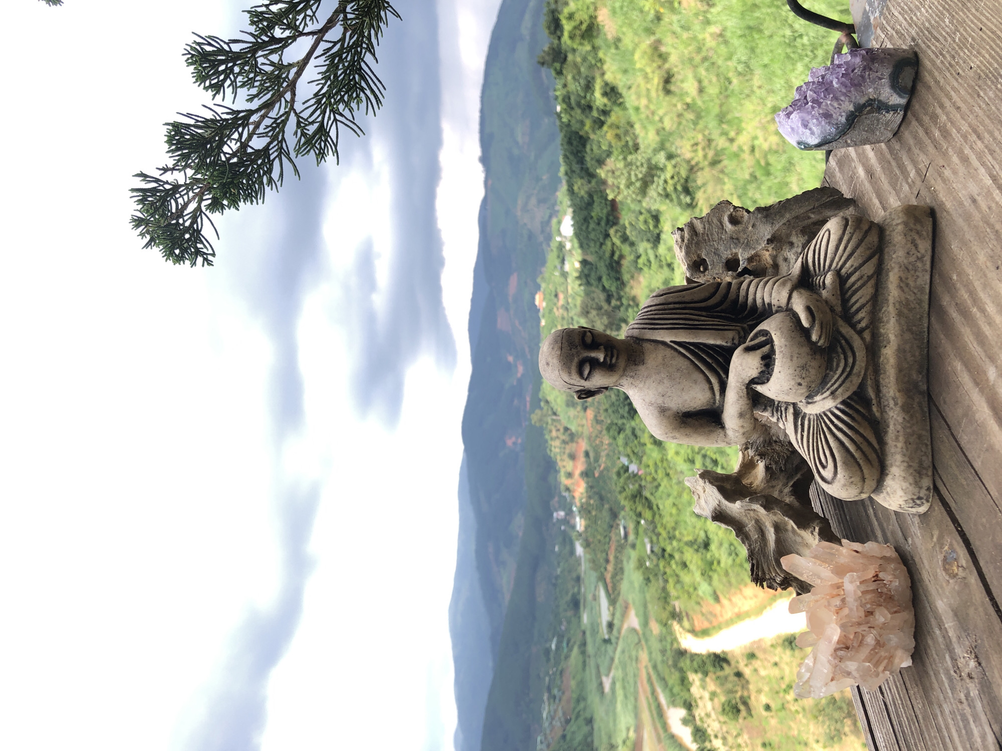 Roadside spiritual display against misty Vietnamese hills