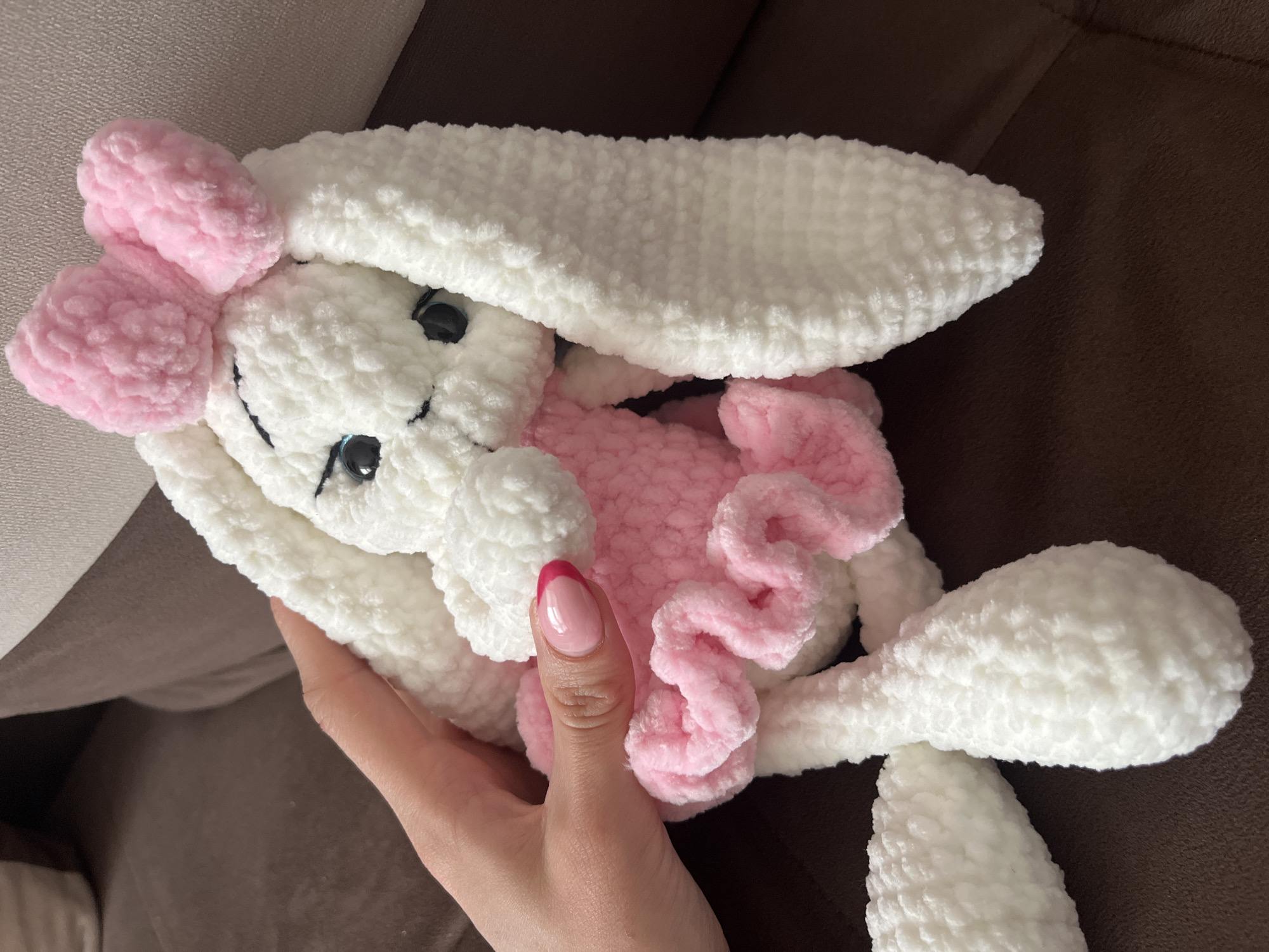 Handmade bunny toy and blanket crafts documented in Bulgaria