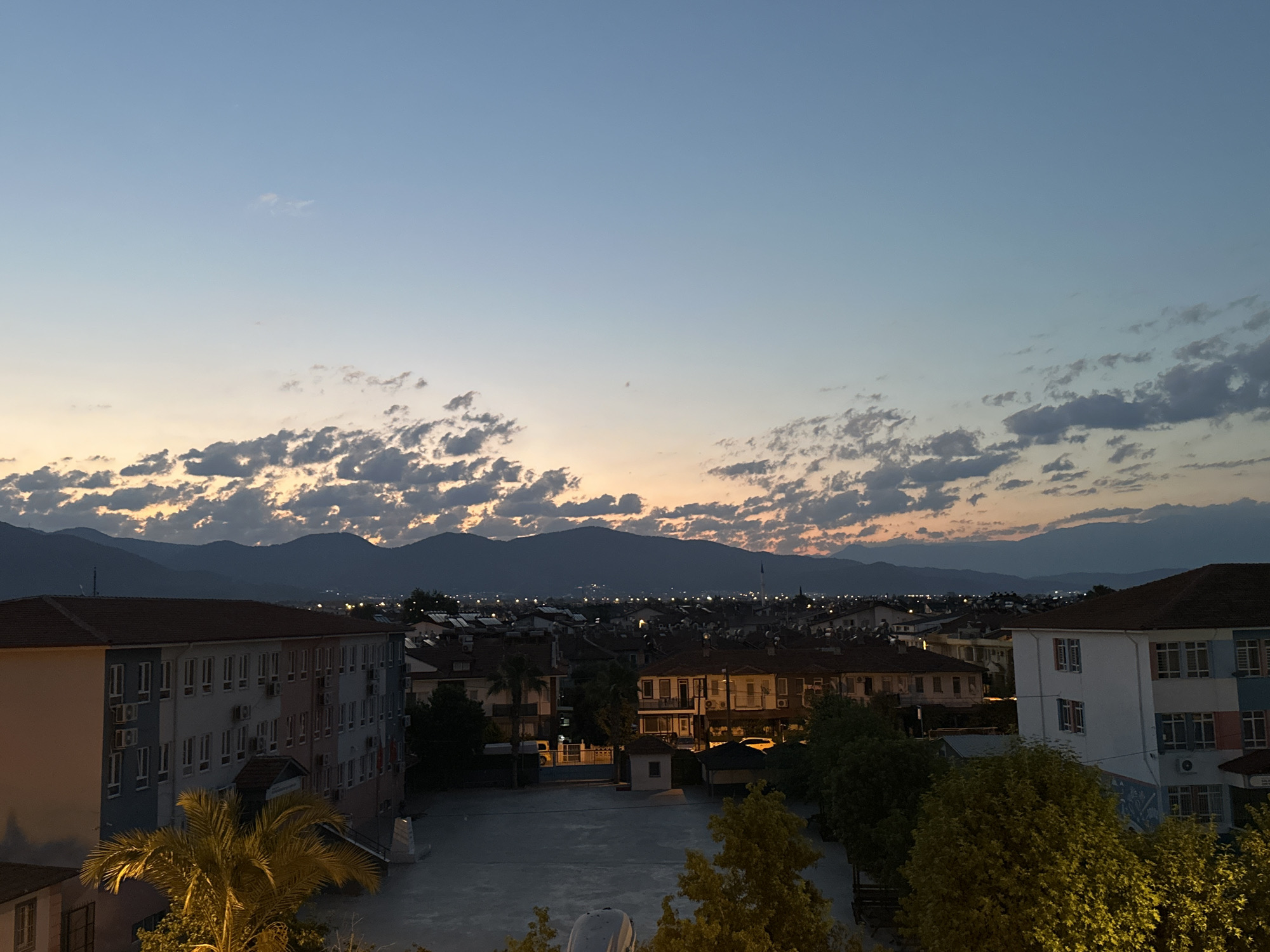 Sunset aerial views of school building in Fethiye