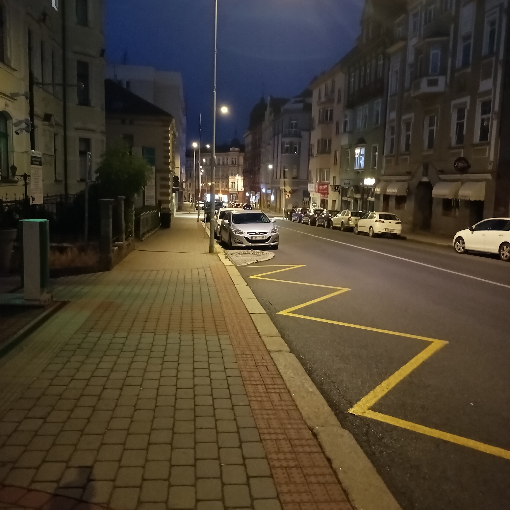 Cheb city streets at night, quiet and lamp-lit