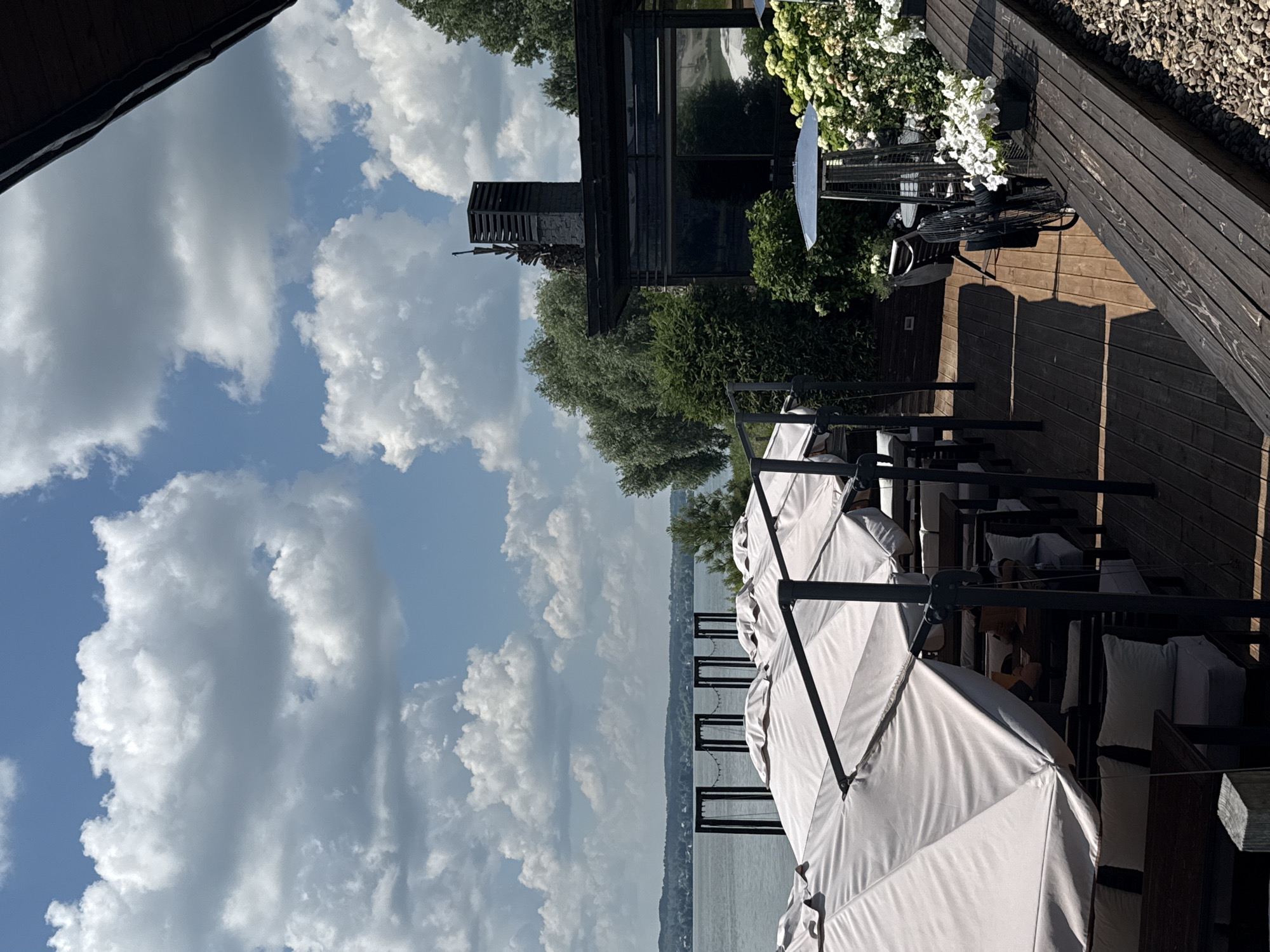 Lakeside café deck and pier on a calm Votkinsk morning
