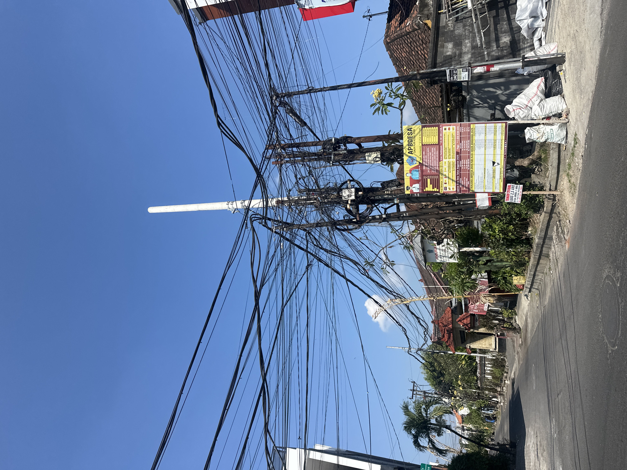 Denpasar street life: penjors, power lines, and passing traffic