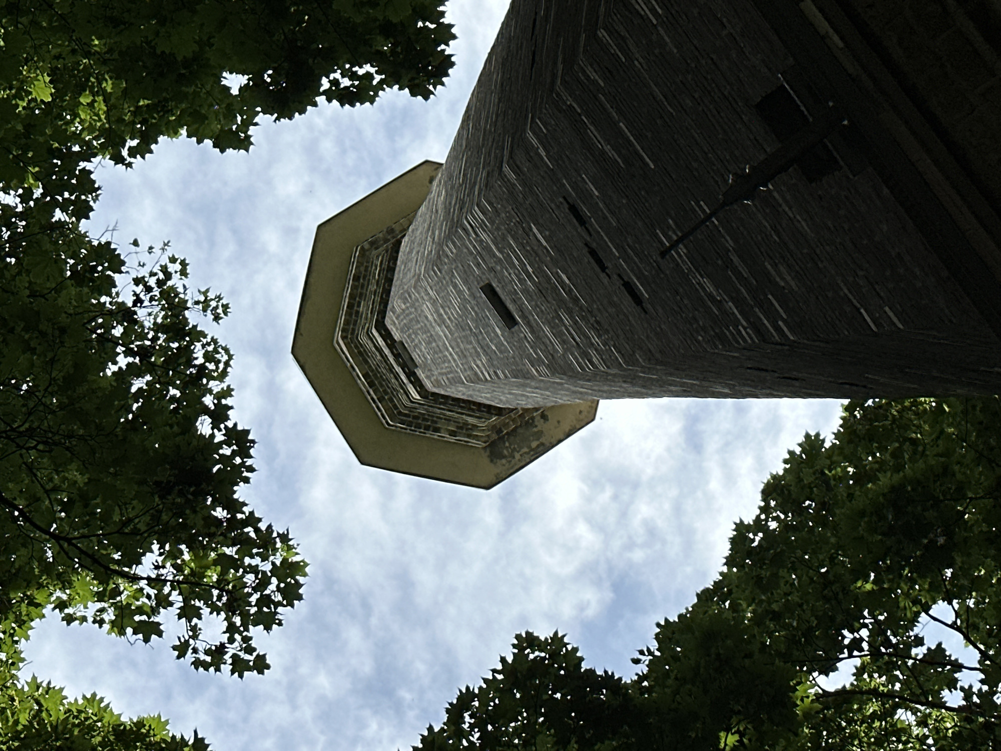 Looking up at a dark brick octagonal tower in Homyel