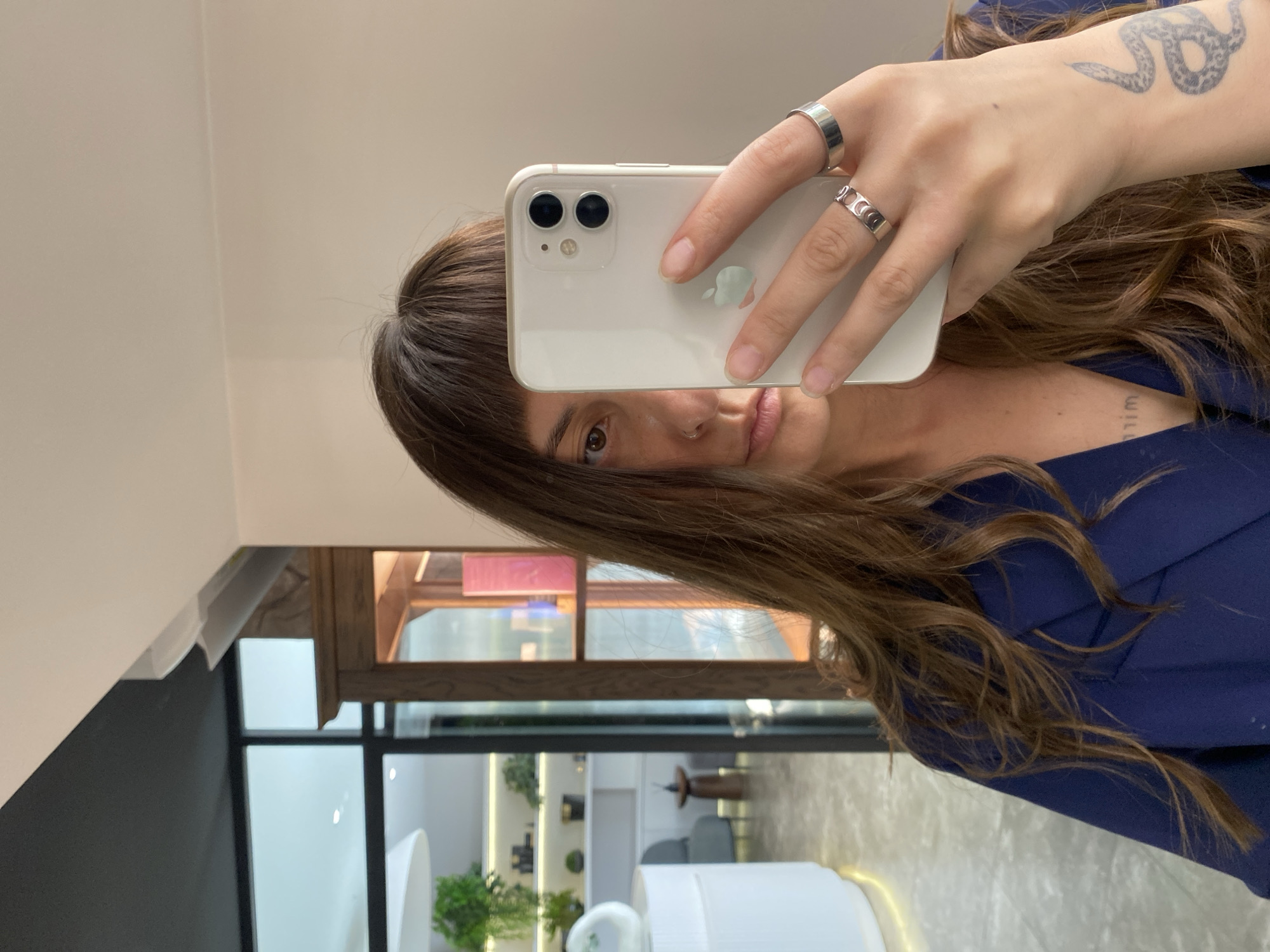 Mirror selfies in a styled Votkinsk interior, dark blue blazer dress