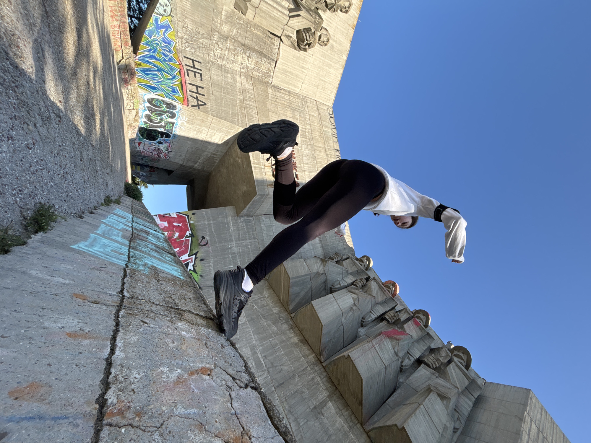 Acrobatic photoshoot at brutalist monument in Varna, Bulgaria
