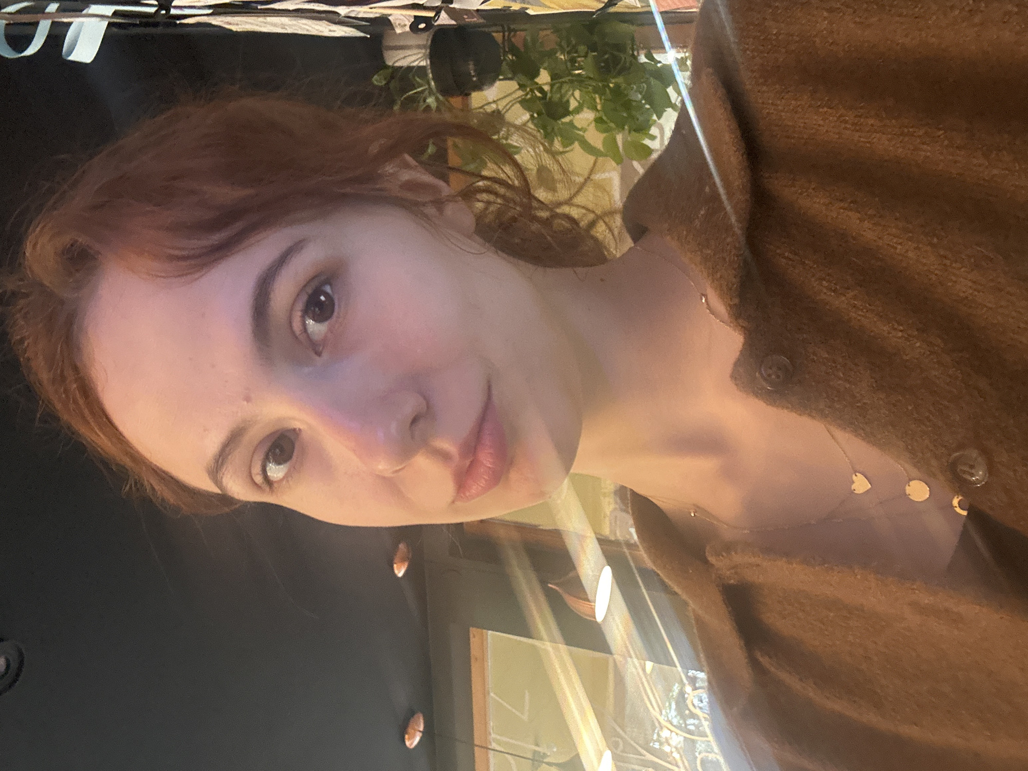 Woman in brown sweater observed in Novi Sad interior