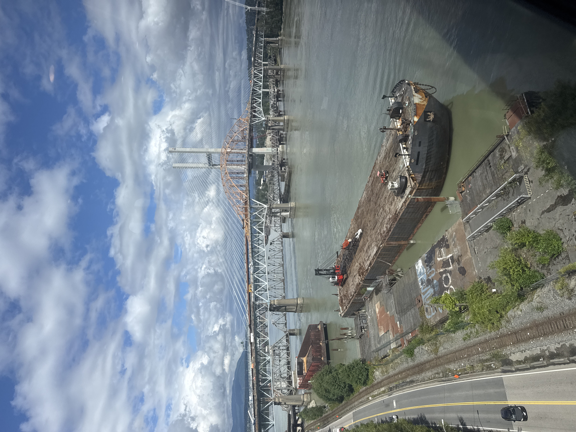 Fraser River and its bridges seen from a moving train, New Westminster