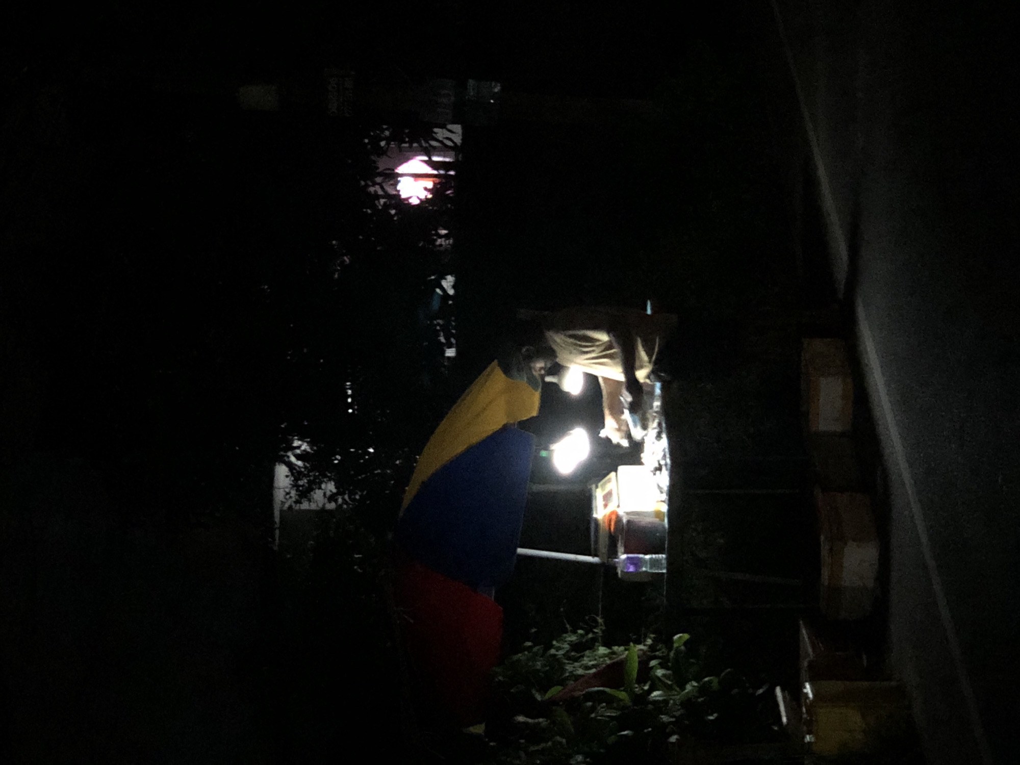 Nighttime food vendor operates illuminated roadside stall
