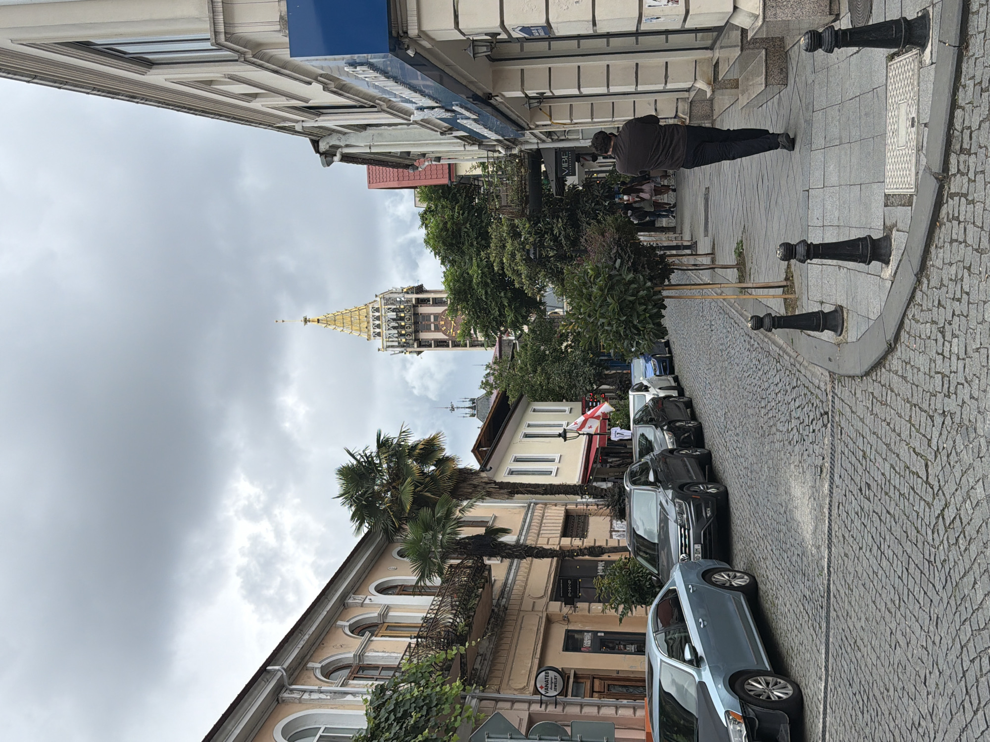 Cobblestone street in Batumi on a grey summer morning