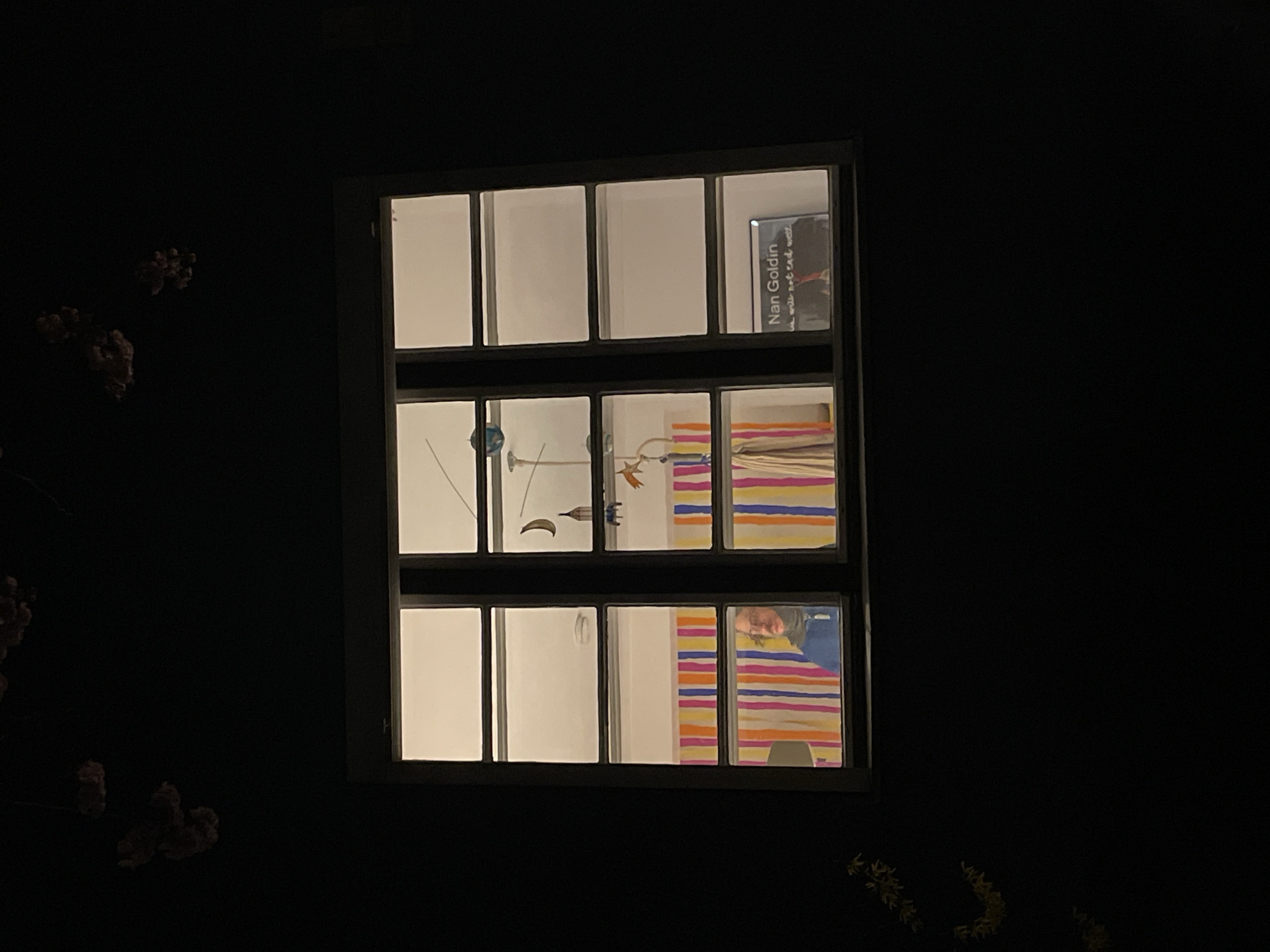 Illuminated window glimpse reveals interior with photography book in Berlin
