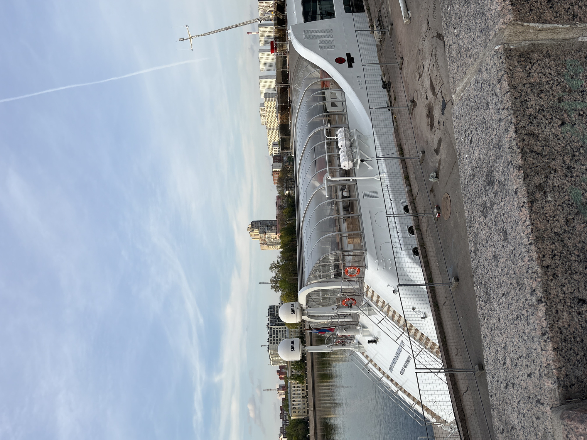 River cruise ship docks at Saint Petersburg embankment