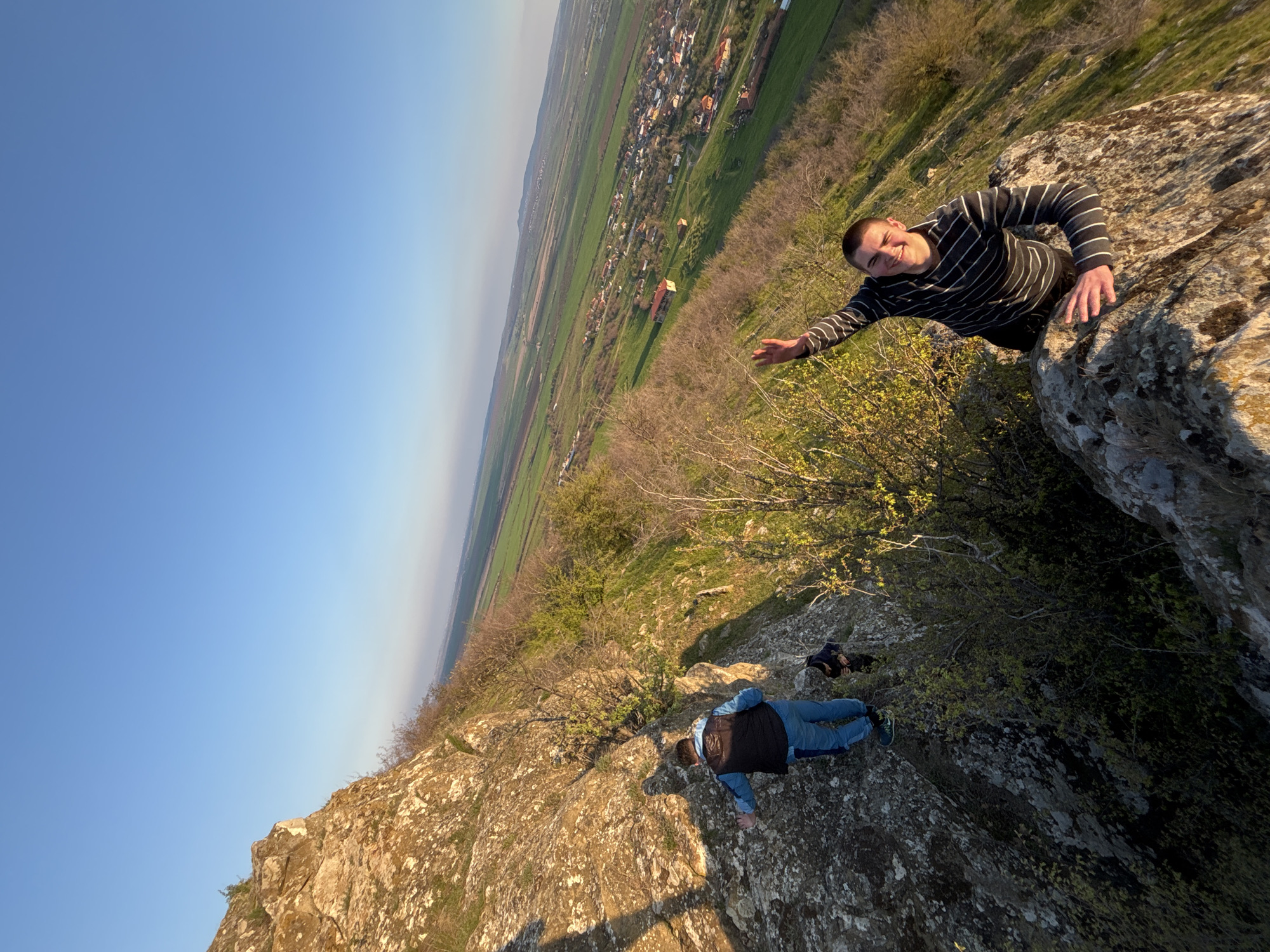 Two men photographed on rocky outcrop near Goritsa, Bulgaria