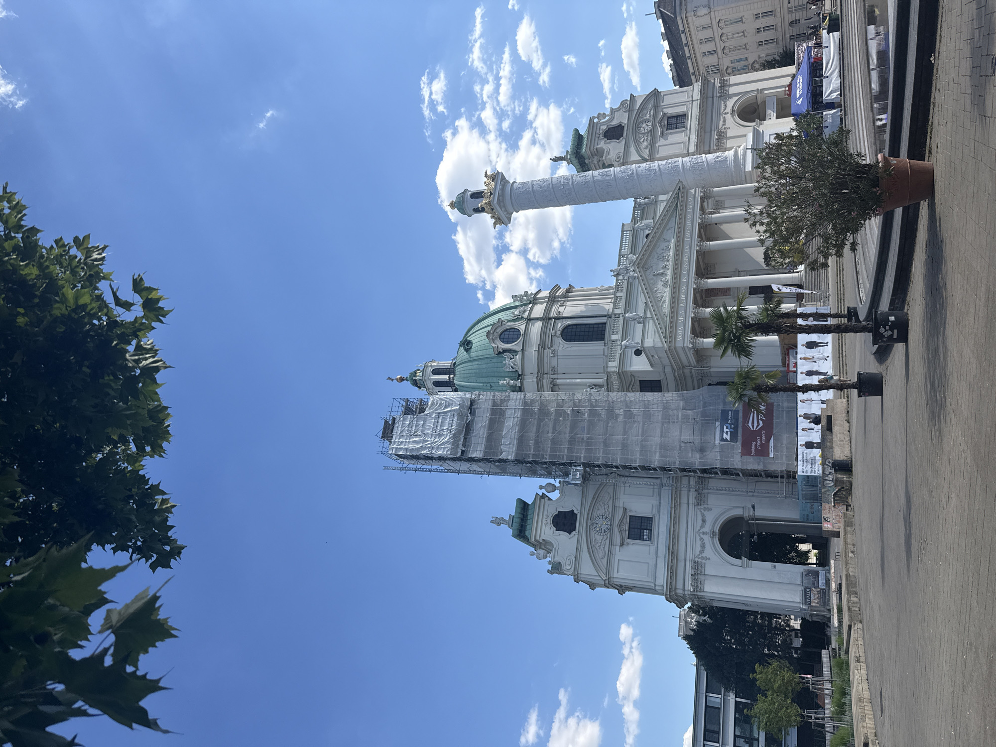 Vienna's Karlskirche up close on a clear summer afternoon
