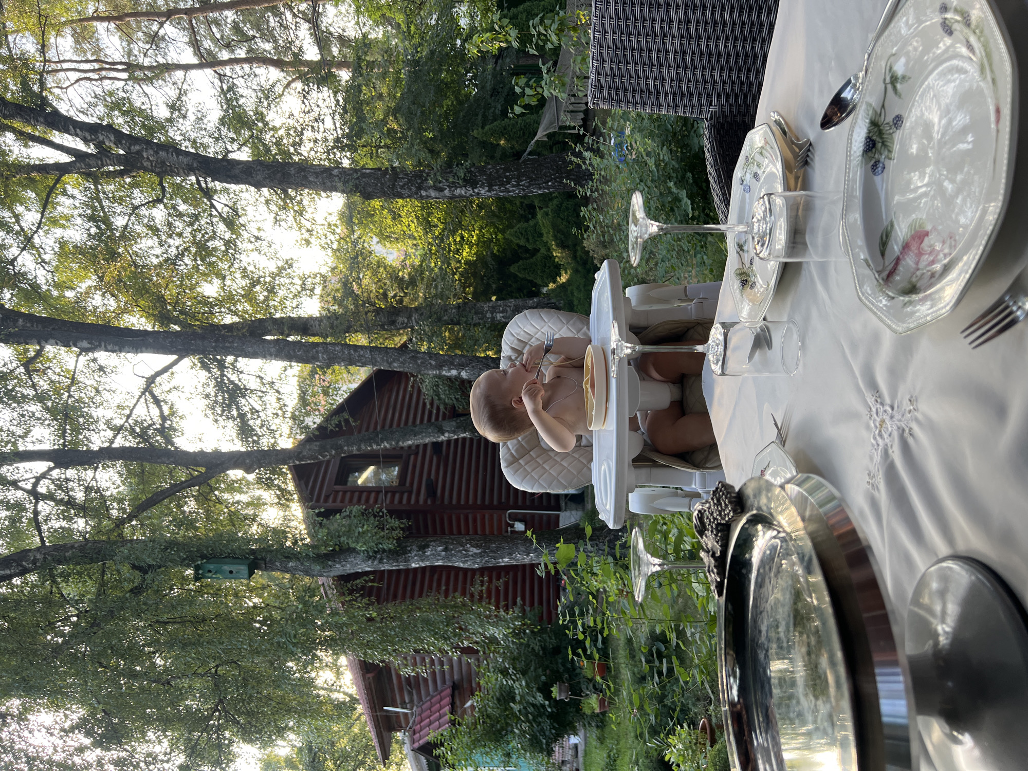 Backyard lunch in Tomilino, toddler in high chair, adult on phone
