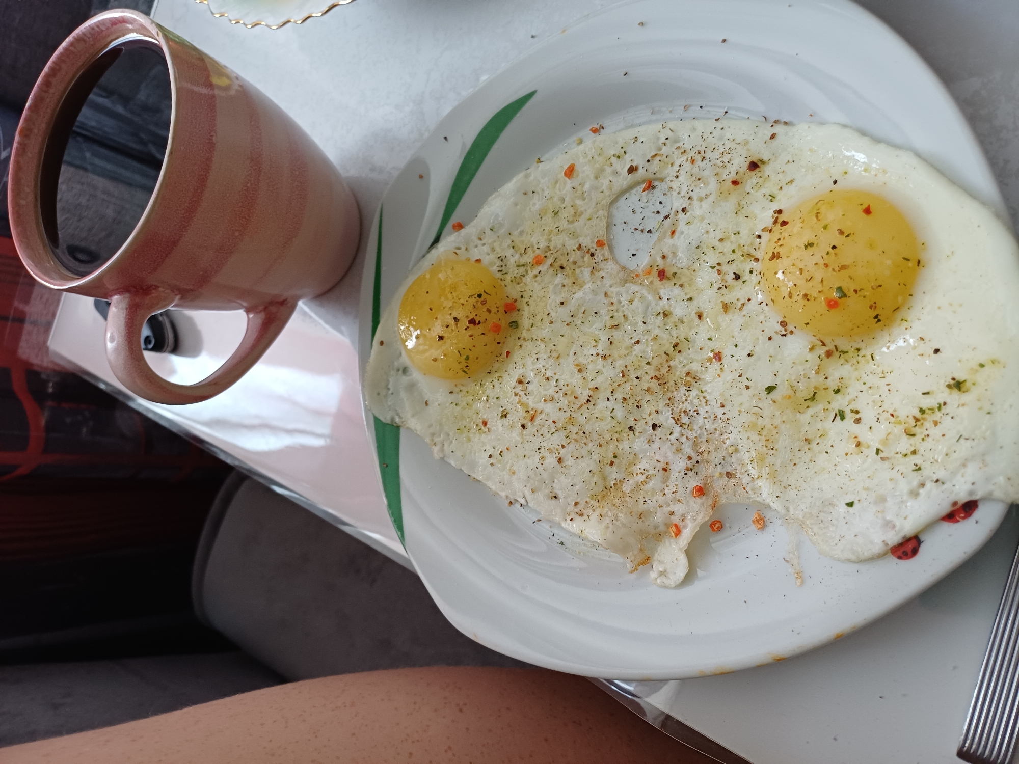 Morning breakfast spread in Novosibirsk, eggs and waffles