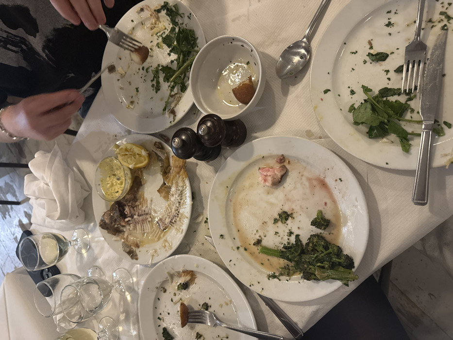 Post-dinner scene captured at London restaurant table