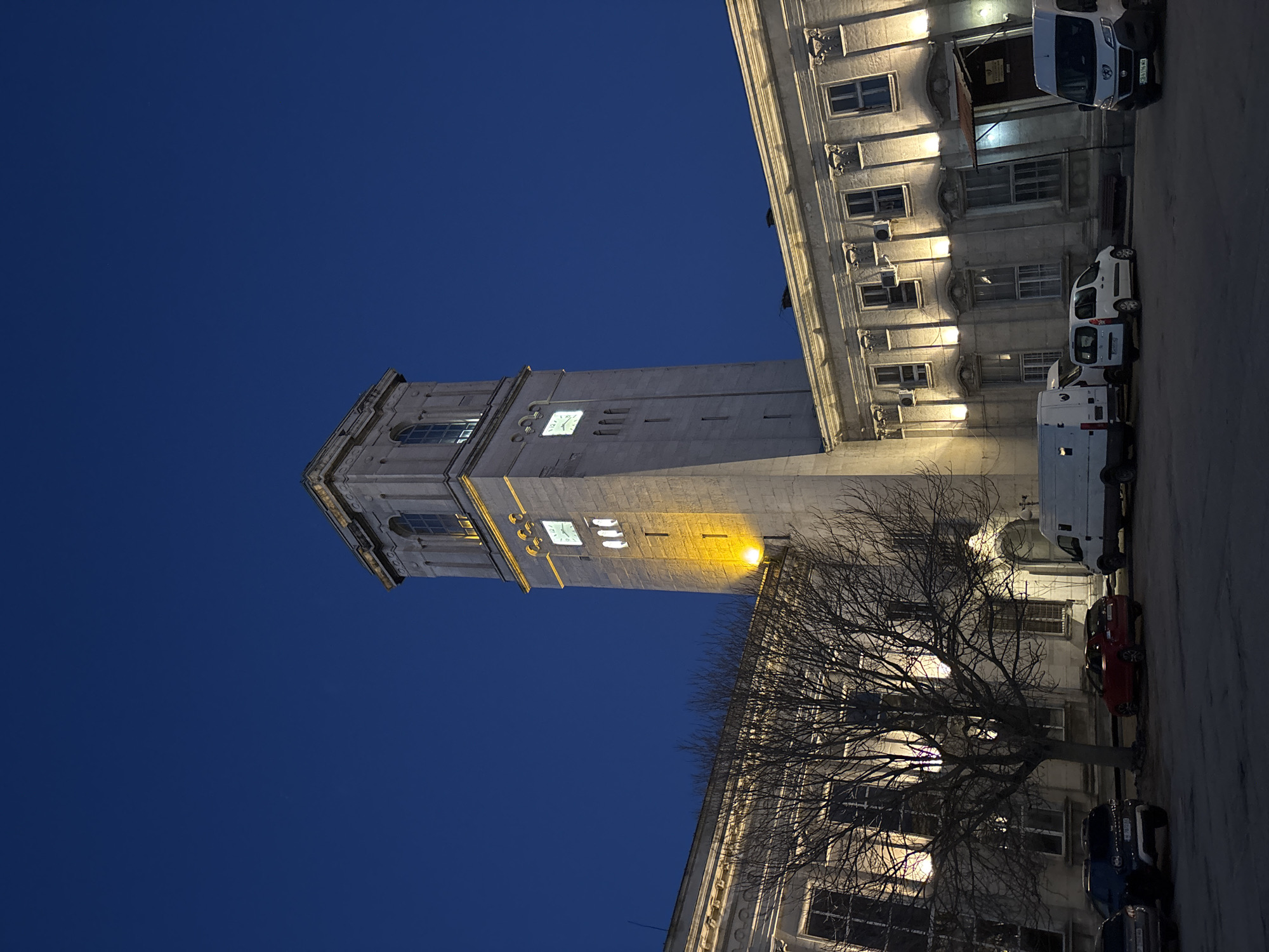 Clock tower photographed from below in Ruse, Bulgaria