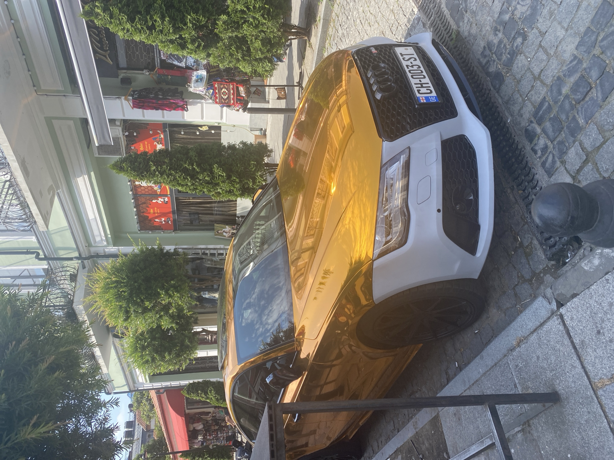 Gold Audi, blue taxi, and a stray dog on Batumi cobblestones