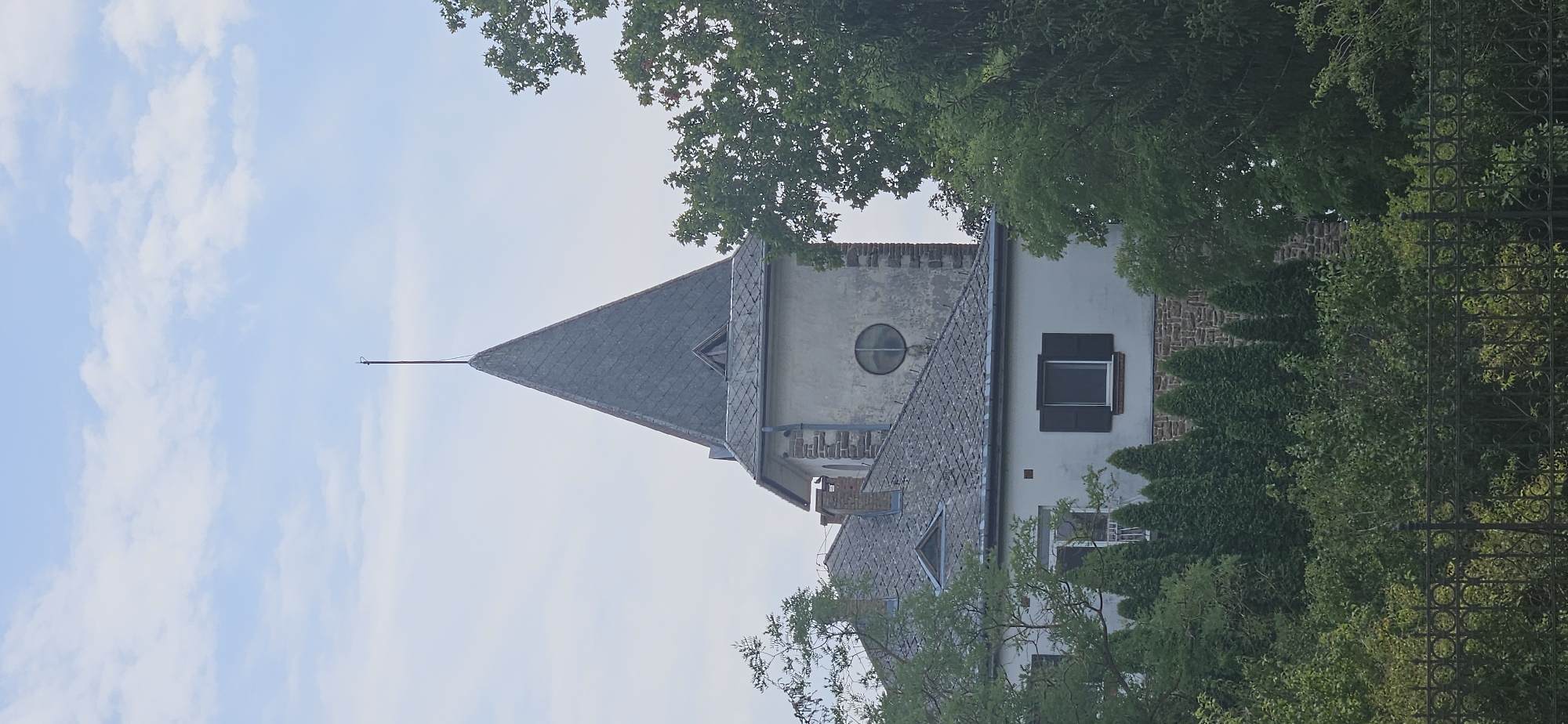 Historic turret building with conical roof in Hévíz, Hungary