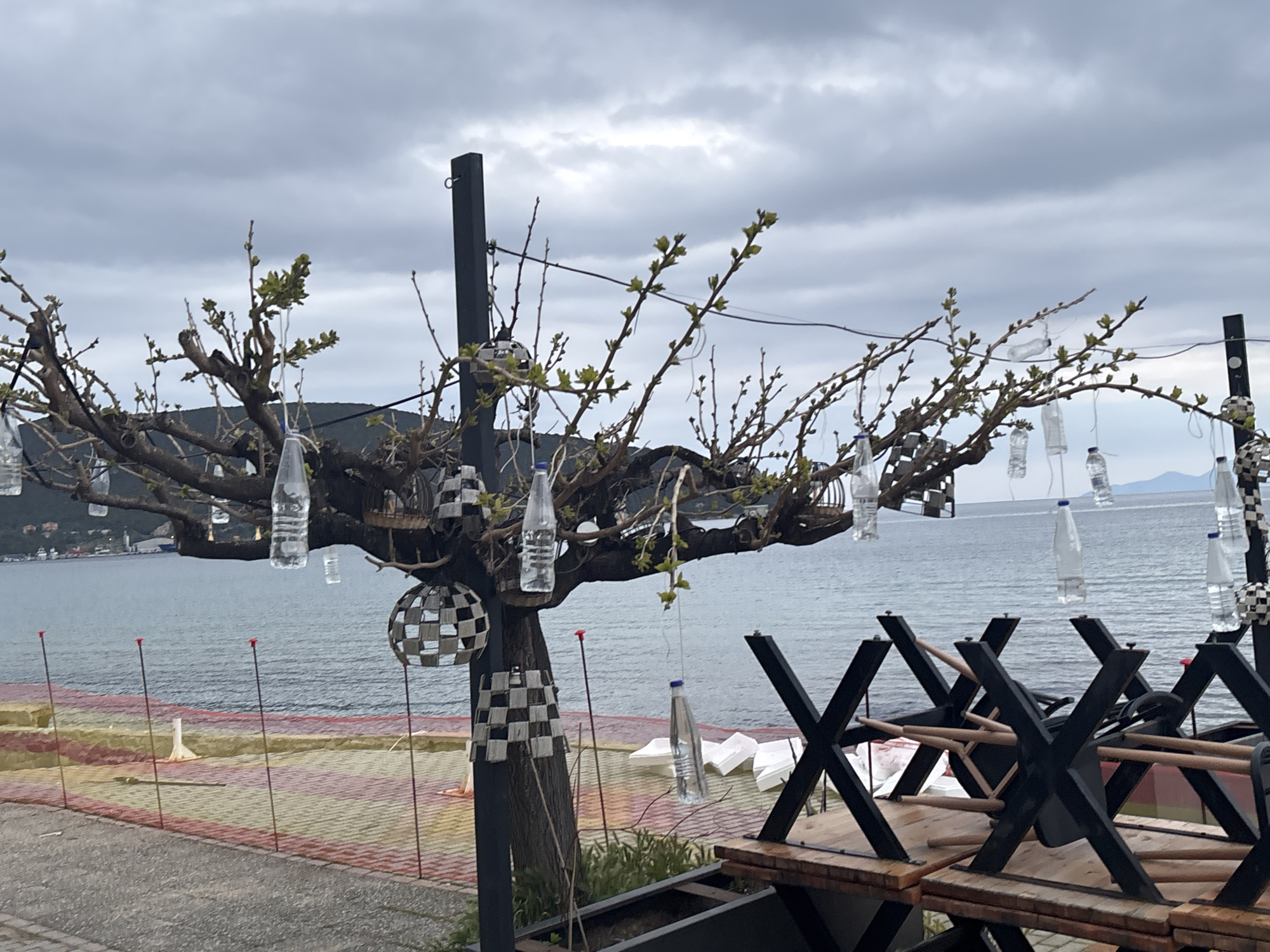 Cafe patio scene captured in seaside Nea Peramos, Greece