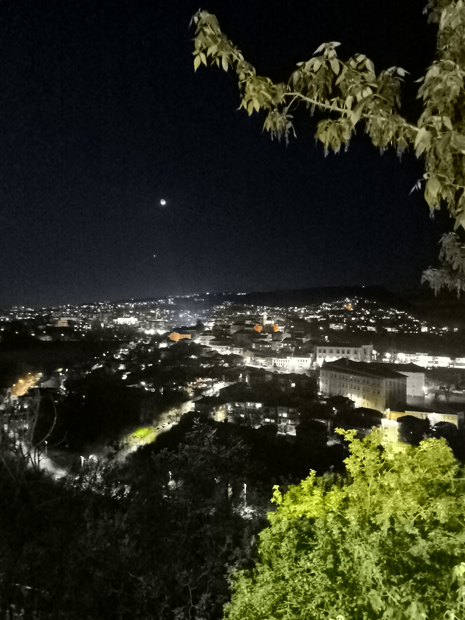 Nighttime cityscape captured from elevated view in Veliko Tarnovo