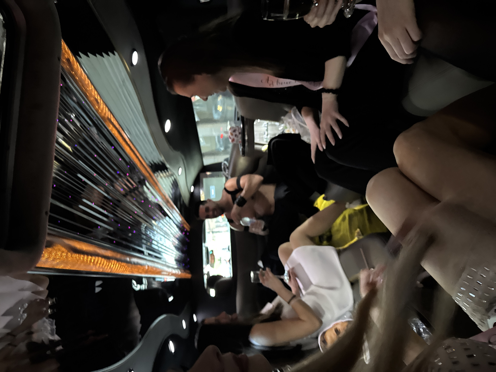 Group celebrates in limousine during evening in Sofia