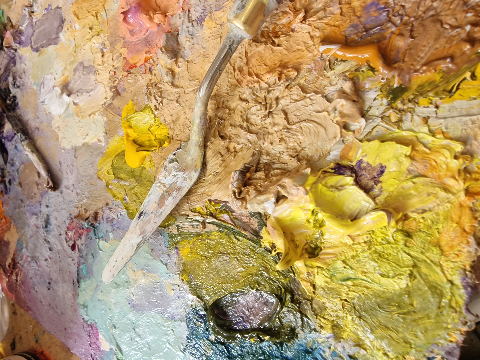Artist's studio documented during active painting session in Bulgaria