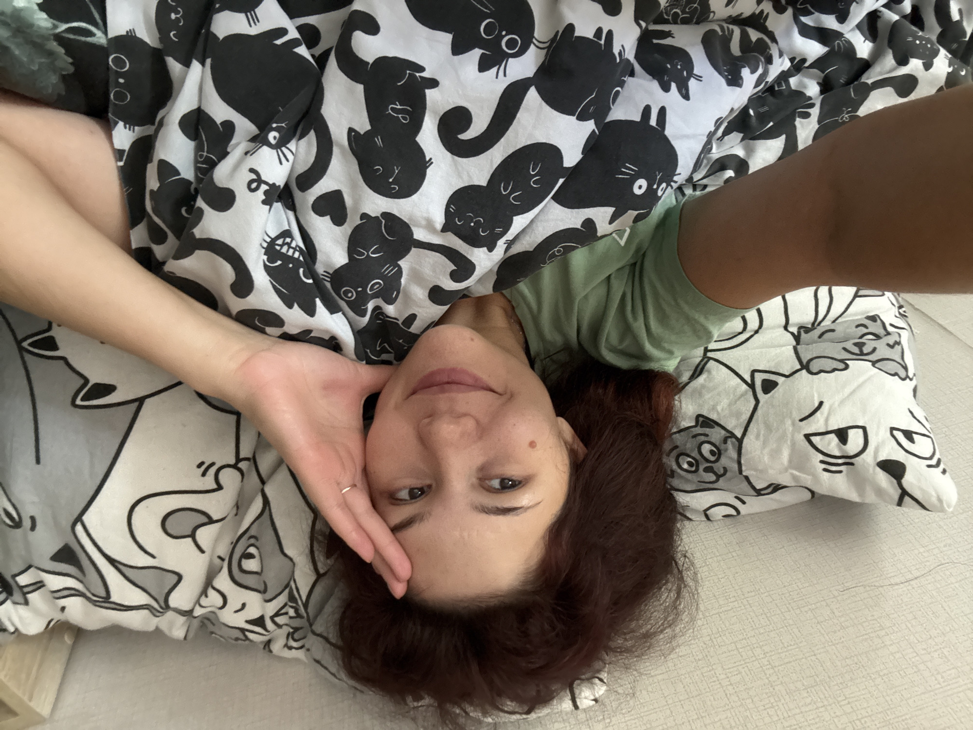 Relaxing in bed under a cat-print blanket at home